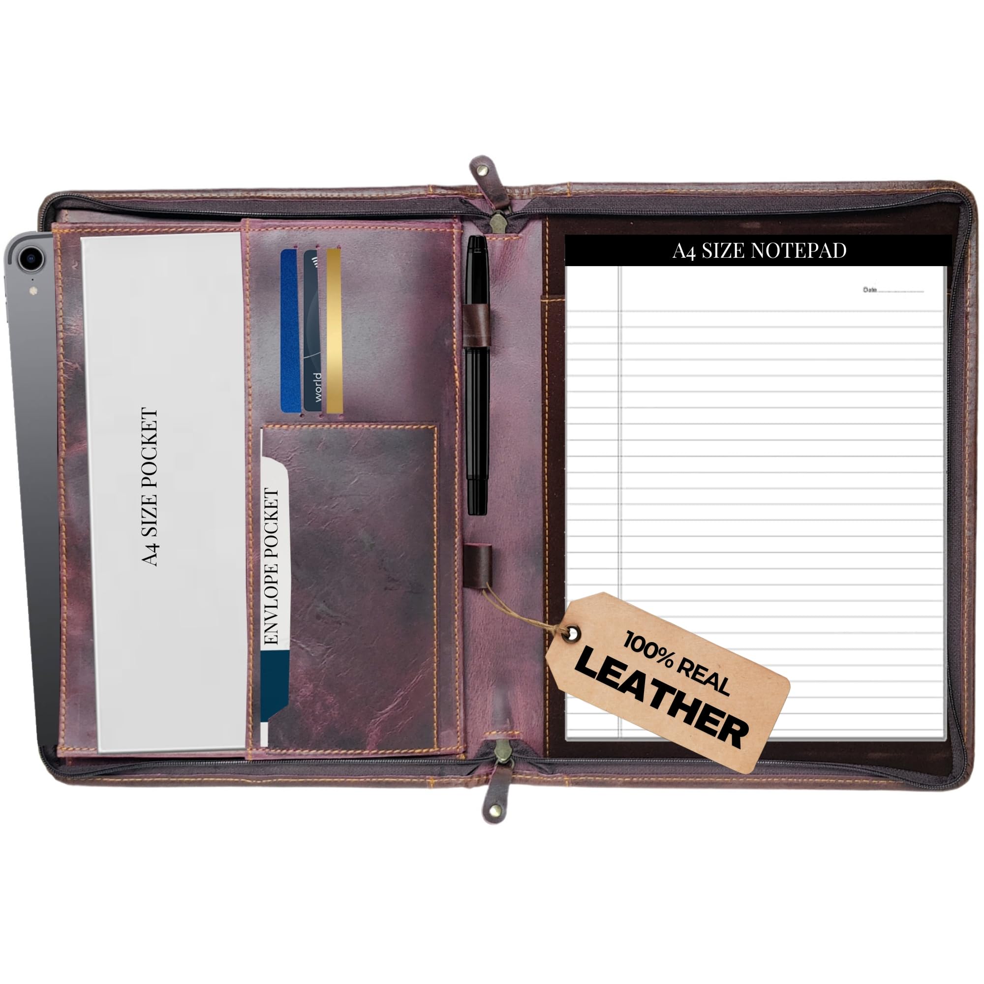 Genuine Leather Professional Padfolio Portfolio - Resume Folder with Luxury Pen, Stylish Document Folio for Letter Size Writing Pad with Business Card Holder, Ideal Gift Portfolios for Men and Women