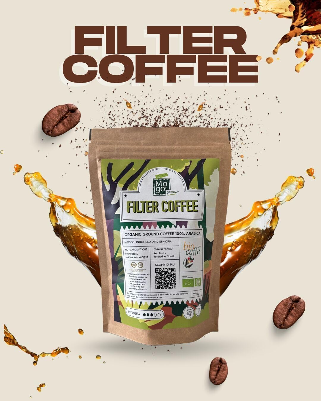 Caffè Haiti Roma Biocaffè Mogoh Filter Gourmet: café de filtro 100% arábica ecológico, molido, 4 x 250 g, para café de goteo, café americano y cafetera de émbolo
