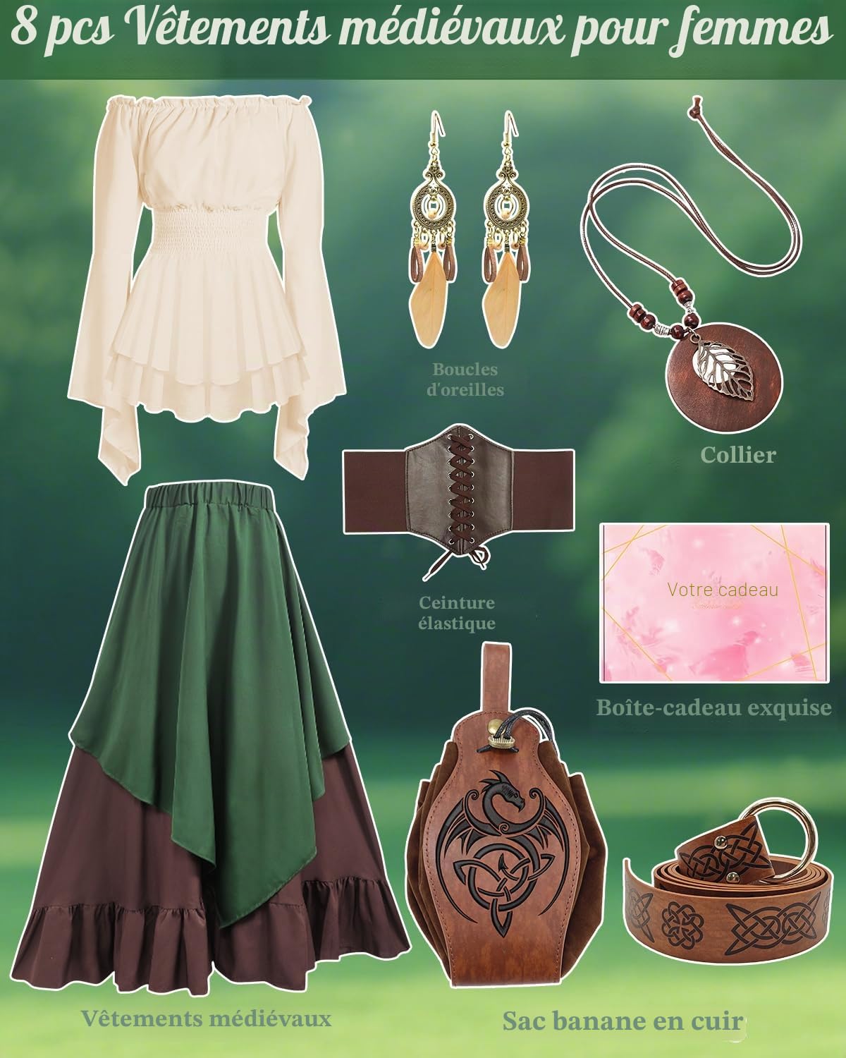Déguisement Médiéval Femme, Robe Longue Style Renaissance avec Haut Rétro à Epaules Dénudées, Sac Banane, Collier, Boucles d'Oreilles, Costume Victorien pour Carnaval, Cosplay et Fête Médiévale