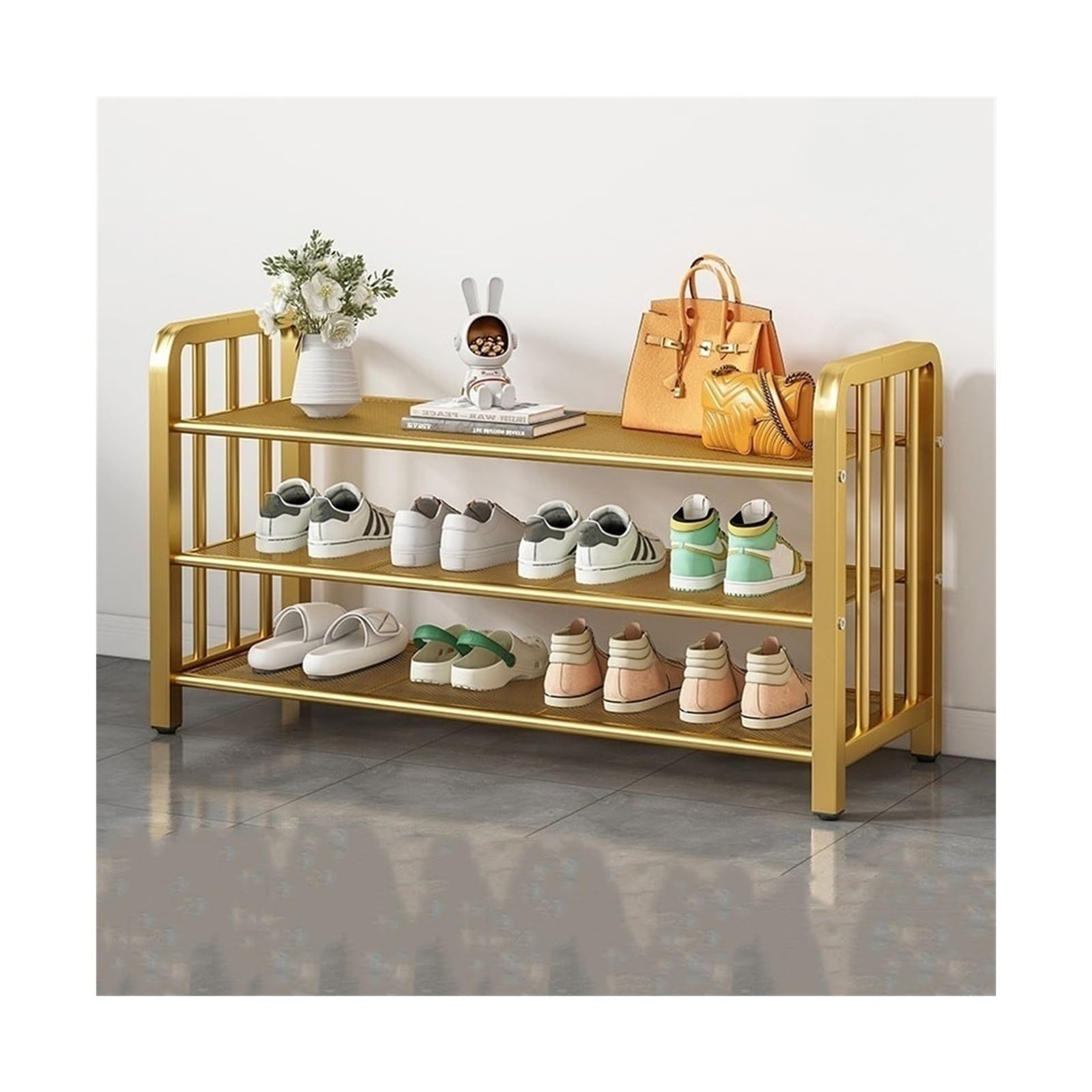 Shoe Rack Shoe Rack for Entryway, 3/4/5 Tiers Metal Mesh Freestanding Shoe Organizer, Space Saving Shoe Storage Shelf for Hallway, Living Room,Closet(Black/Gold) Shoe Organizer Rack(Gold,3-Layers 60cm