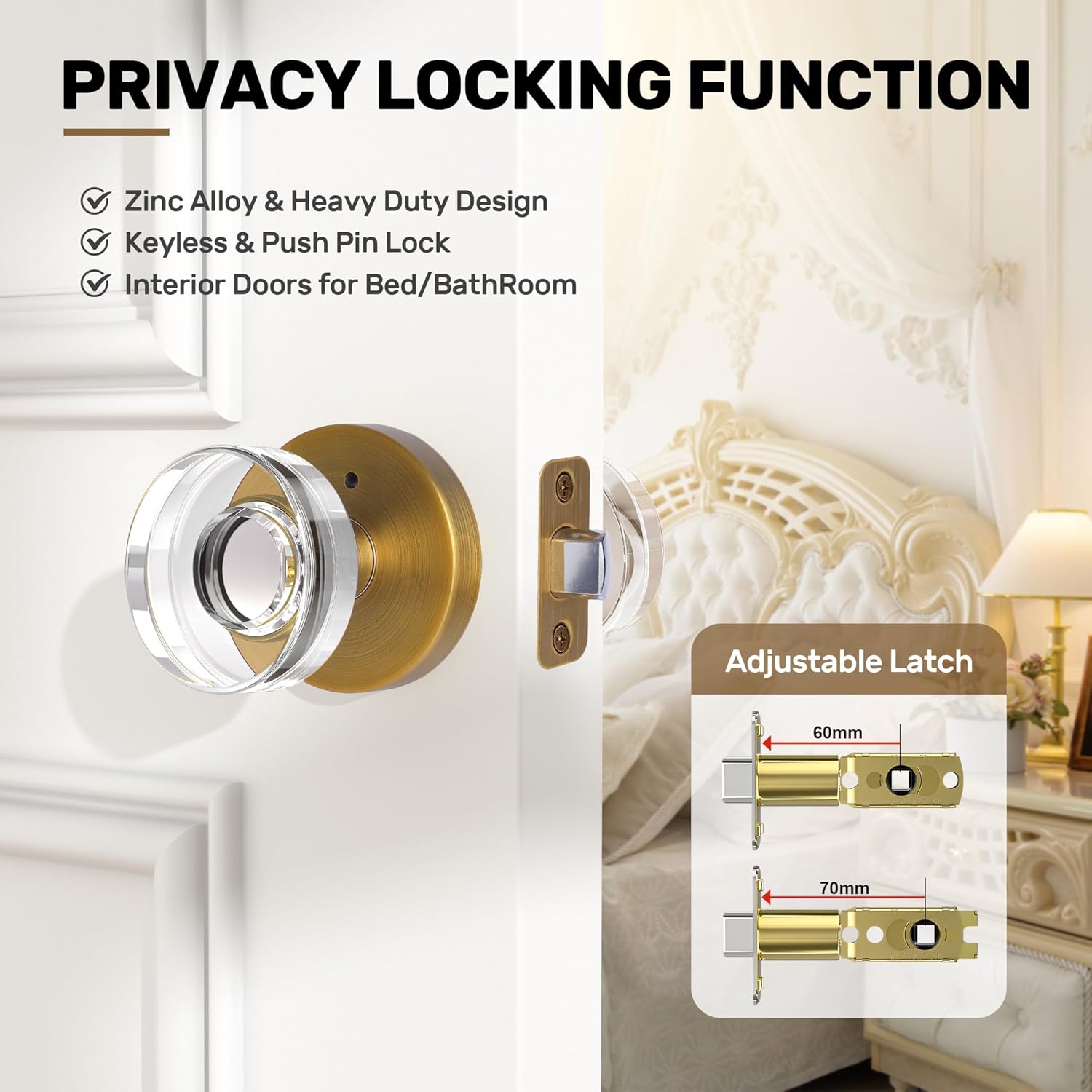 Crystal Door Knobs Antique Brass Door Knob Privacy Door Knobs Interior with Lock, Round Vintage Glass Door Knob for Bedroom and Bathroom