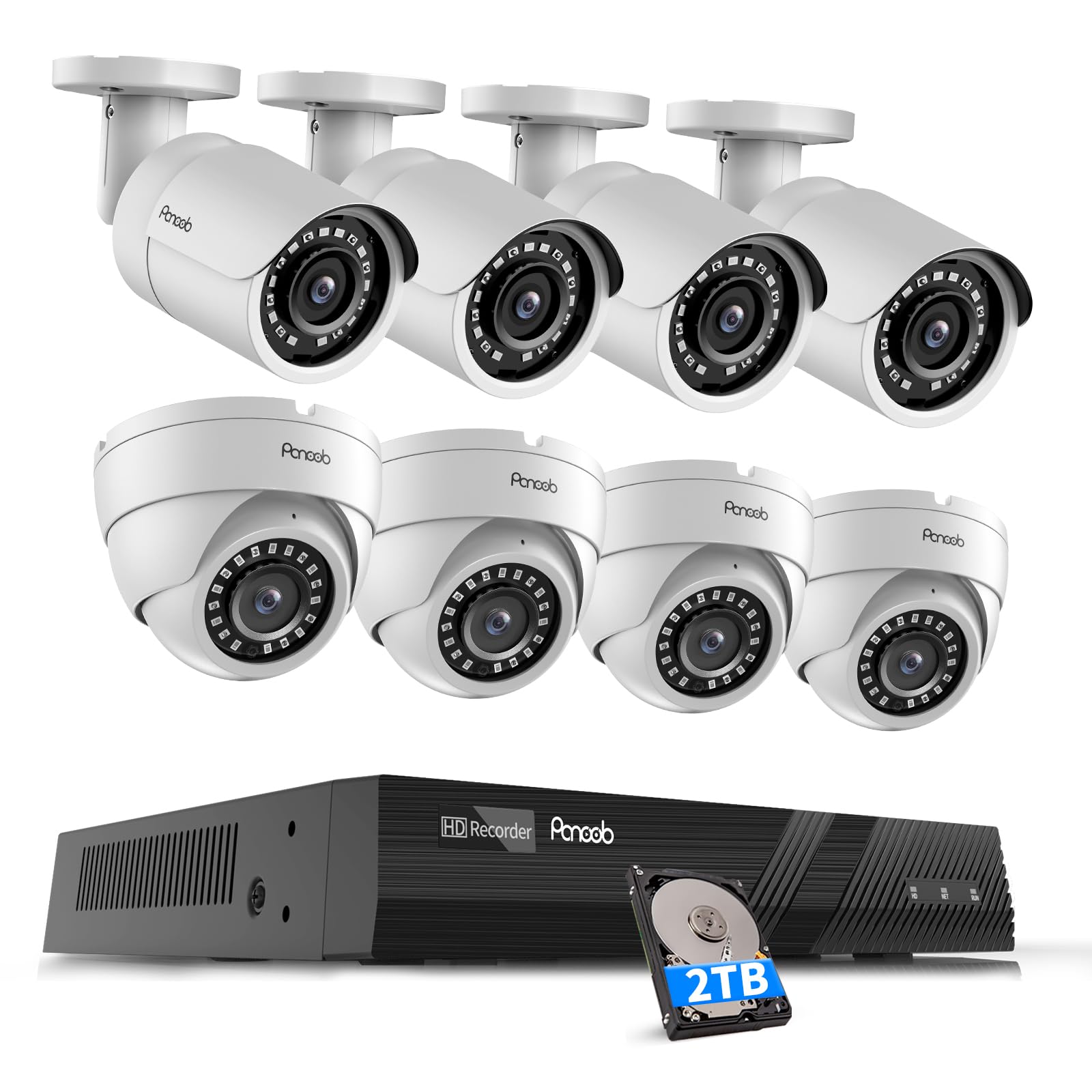 PANOOB PoE Security Camera System 8 Channel, (4) Dome (4) Bullet 8MP Wired IP Cameras for Home Surveillance, Built-in Mic, AI Human Vehicle Detection, Remote Access, 4K 8CH NVR 2TB HDD, PM020808-8M