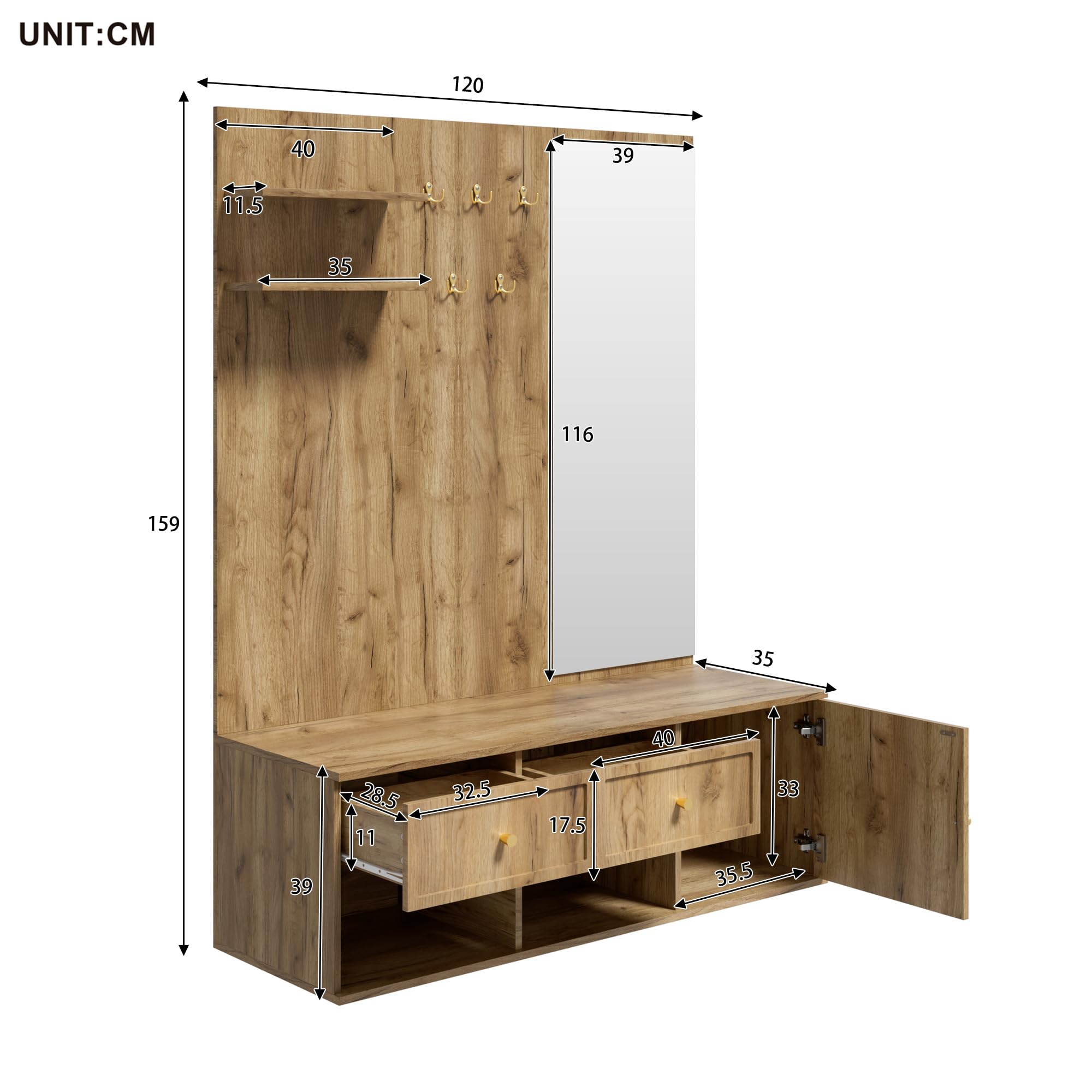 Armadio multiuso, set appendiabiti da parete con cassetti, armadio e mensola sospesa, pannello appendiabiti con 5 ganci, specchio e panca inclusi, colore legno naturale