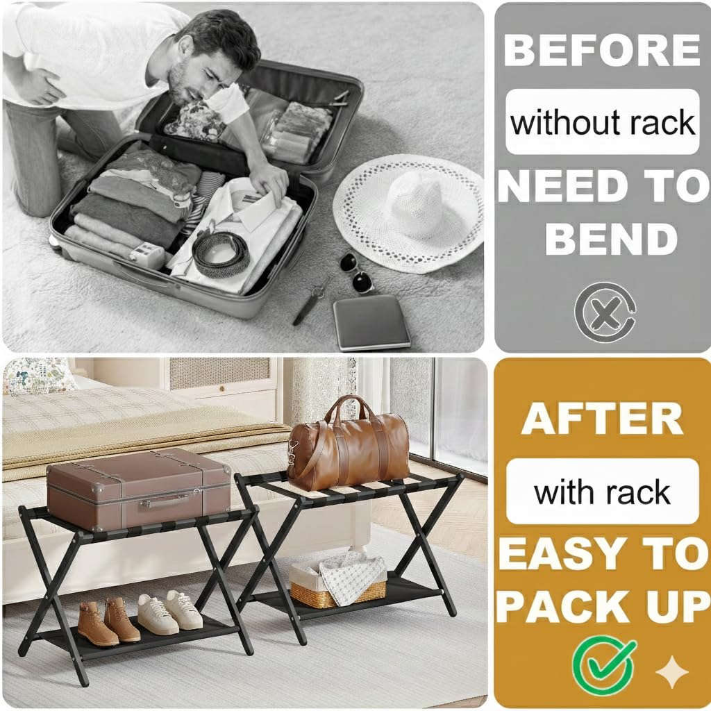 BAMBOOHOMIE Paquete de 2 portaequipajes de bambú para habitación de invitados, soporte plegable de 26.7 pulgadas con estante de almacenamiento de tela, soporte de equipaje grueso para dormitorio