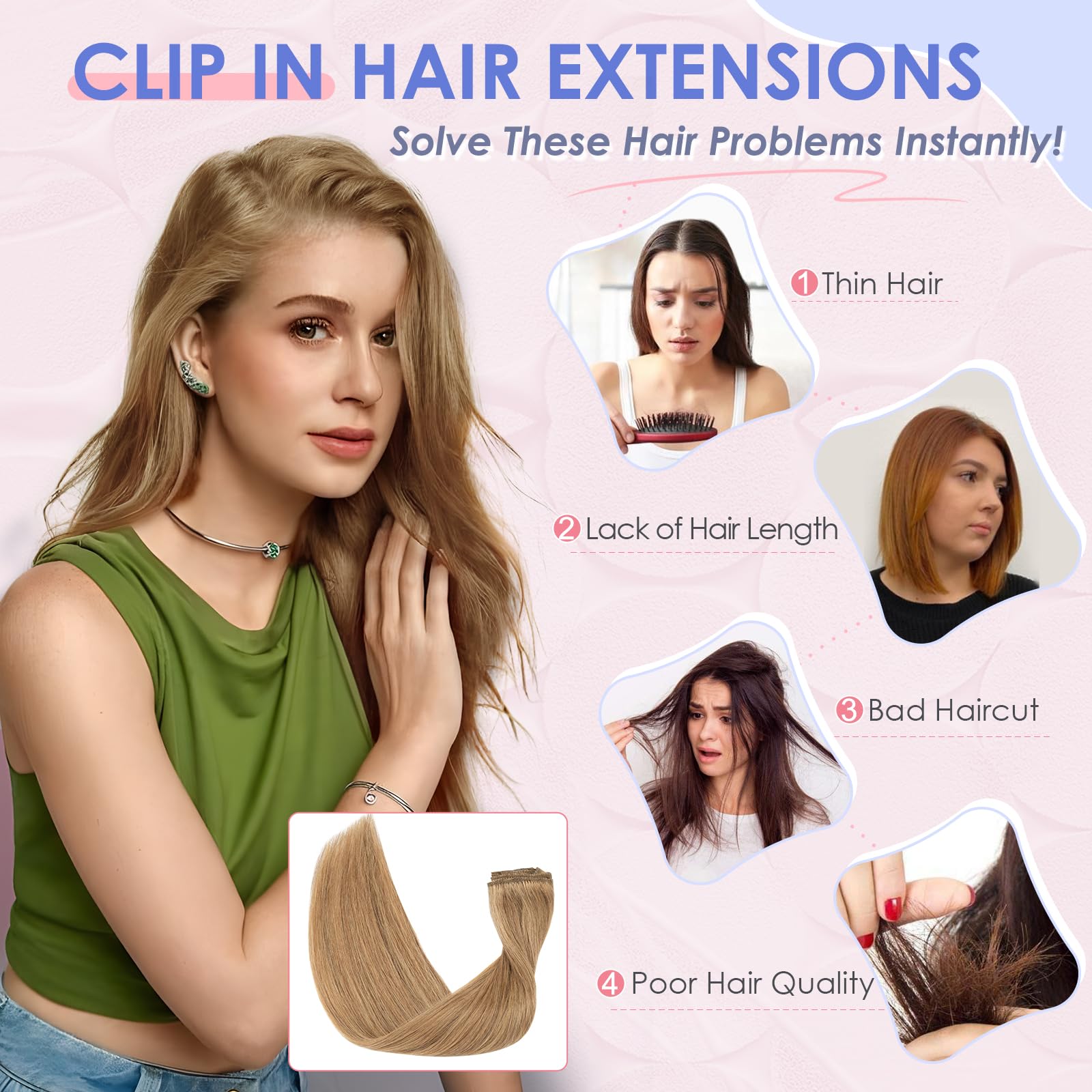Elailite Hair Extension Real Human Hair Clip in Remy Natural Hair, 8 Pieces (Thin Weft) Full Head Straight, #27 Dark Blonde - Image 2