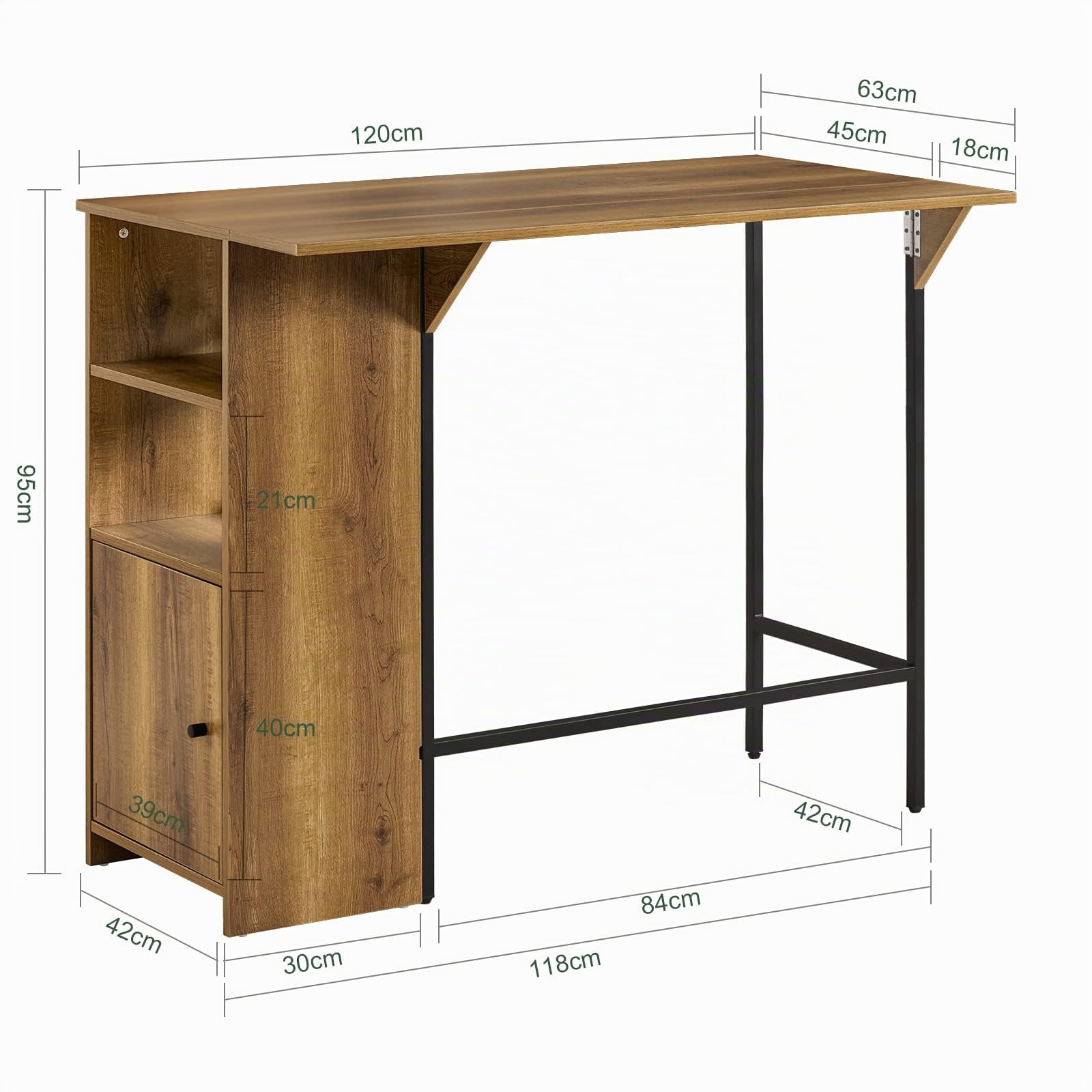 SoBuy FWT98-PF Mesa Alta de Bar Mesa Alta de Comedor con 1 Tablero Plegable Adicional, 1 Puerta y 2 Estantes 120 x 63 x 95 cm ES