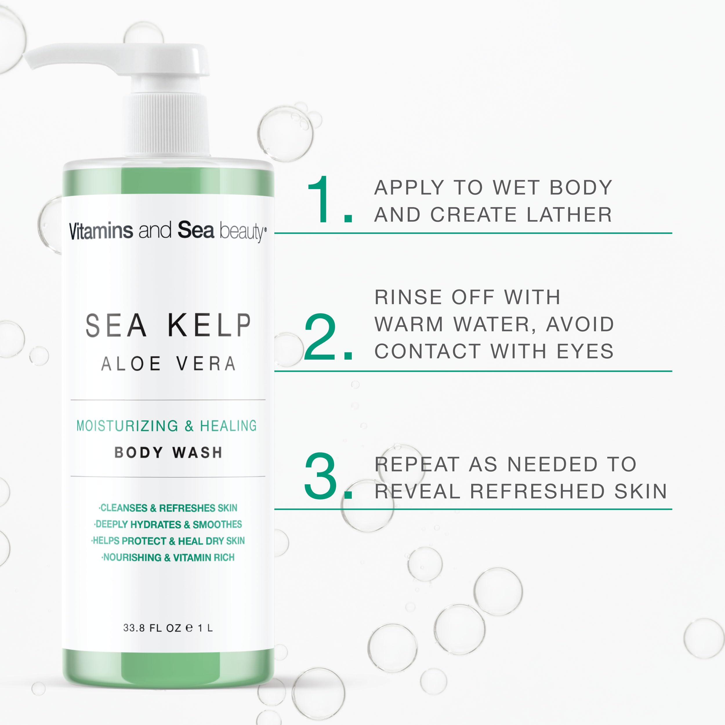 Vitamins And Sea Beauty - Body Wash Shower Gel with Sea Kelp & Aloe Vera. Sapone per il corpo liquido idratante e riparatore con alga marina e aloe vera, 1 l