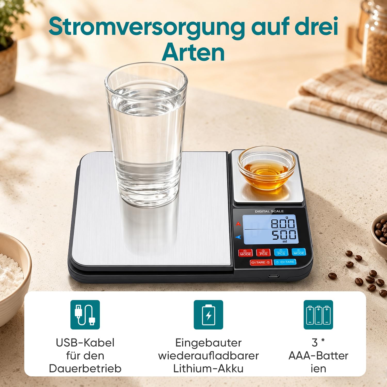 Wigearss Küchenwaage Digital mit Dual Plattform 10kg/1g und 500g/0.01g, Doppelfunktion Küchen Feinwaage mit 7 Einheiten, Zähl, Tara Funktion