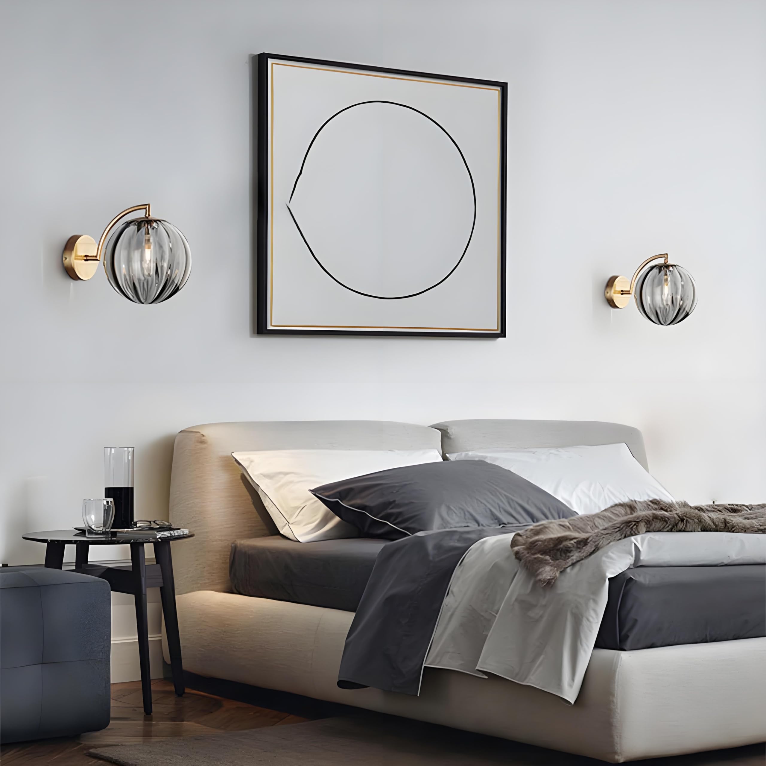 Applique con sfera in vetro Grigio da 150 mm, lampada da parete con globo in vetro con base dorata per comodino,Soggiorno,Camera da letto,Corridoio(Grigio)