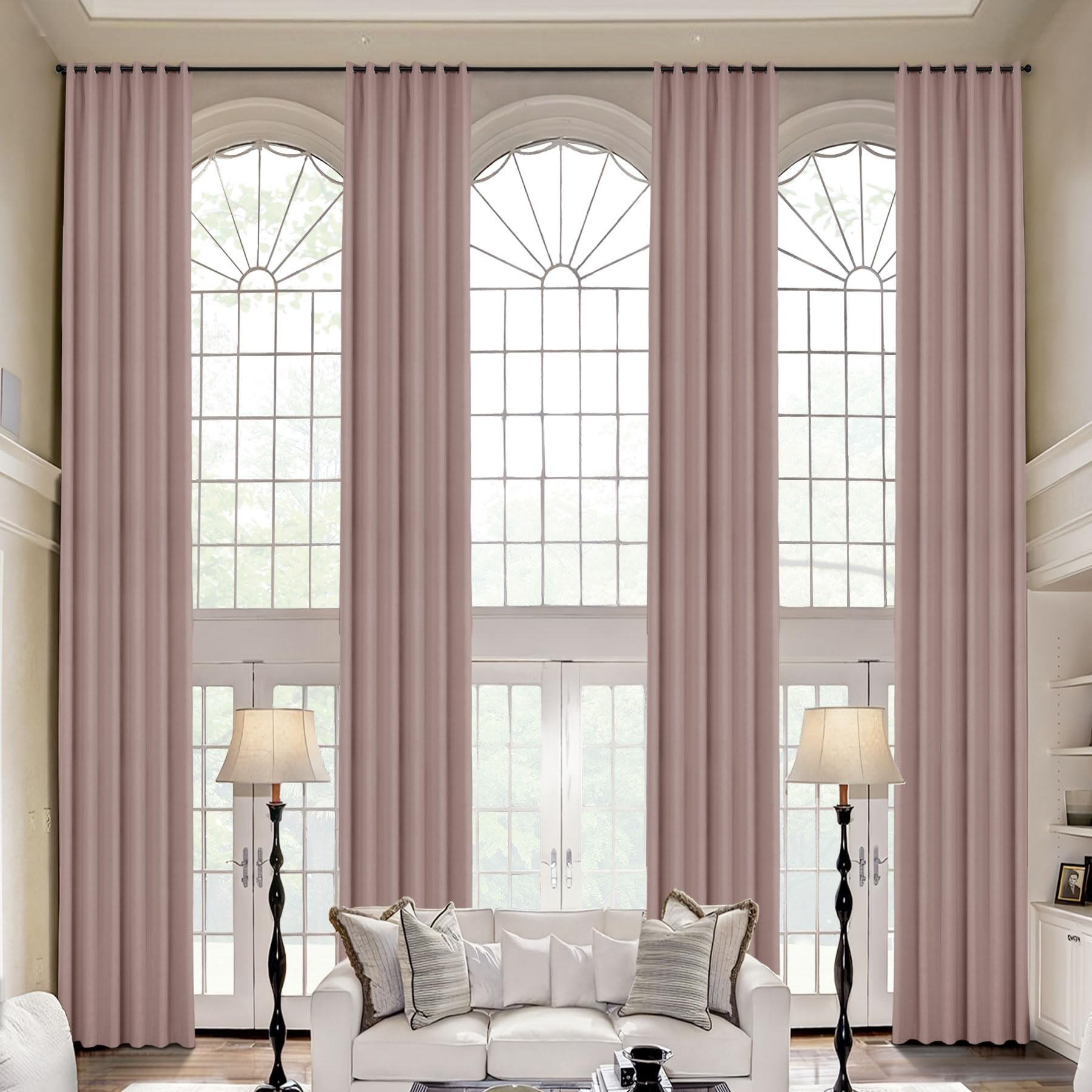 Cortinas térmicas 100 % opacas de terciopelo rosa, 17 pies de largo, para dormitorio y sala de estar, 52 pulgadas de ancho x 204 pulgadas de largo, ojales superiores con alzapaños, diseño Ele de piso