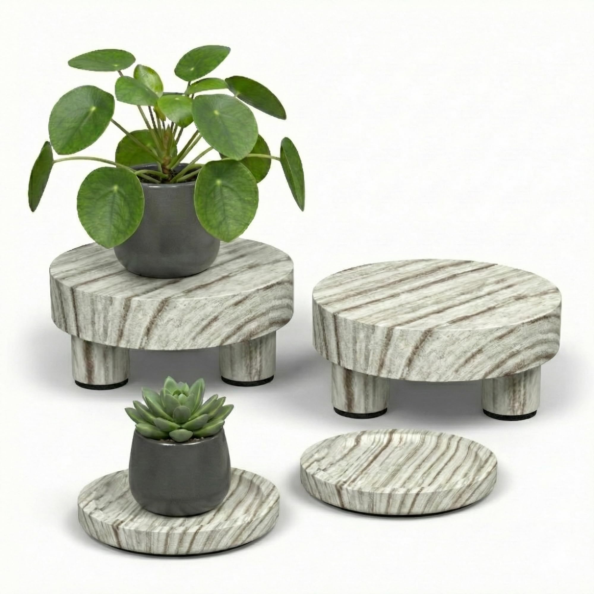 Blumenhocker Holz Set – Paulownia Holz – Für kleine Zimmerpflanzen – 2 Pflanzenhocker Ø12,7 cm + 2 Blumentopf Untersetzer Ø10 cm + 6 Filzgleiter – Natur