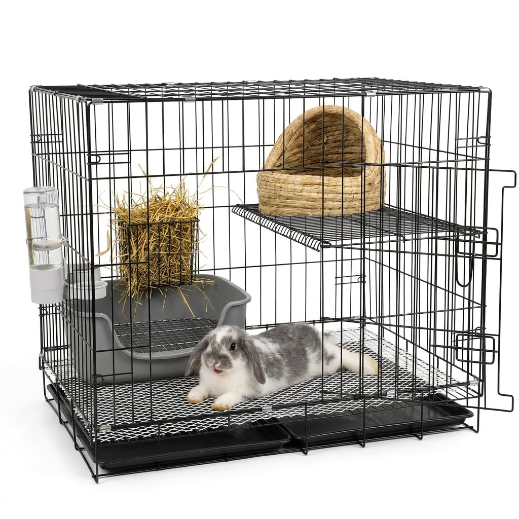 Kaninchenstall 2-stöckig mit 5-teiligem Zubehör-Set – Faltbarer Hasenkäfig 82,5×60,5×70 cm – Spritzschutz-Kotkasten, Metall-Heurack, Trinkflasche, Strohnest – Kleintiere Innen
