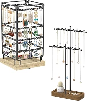 MODOWEY 4 Tier Rotating Earring Holder Organizer Metal Wooden Display Stand Tree Necklace Holder Organizer Stand with 36 Hooks, Tall Display