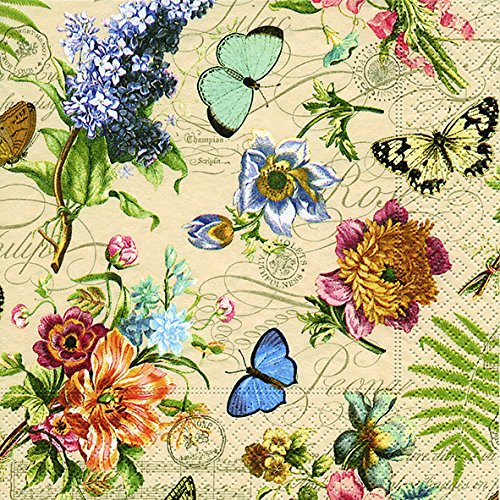 Servilletas 20 unidades, Vintage Summer, flores, mariposas, 33 x 33 cm
