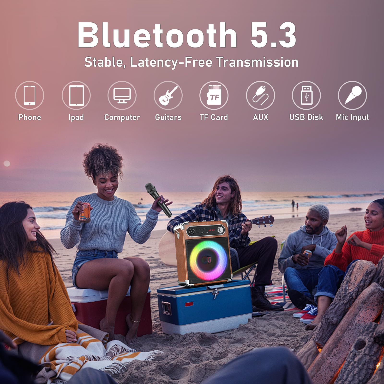 JYX Portable Bluetooth Karaoke Speaker with 2 Wireless Mics, 10Hrs Playtime, RGB Lights, PA System for Adults & Kids, Supports USB/TF/FM/Type-C/AUX, for Home Party, Outdoor & DJ Use (Wood)