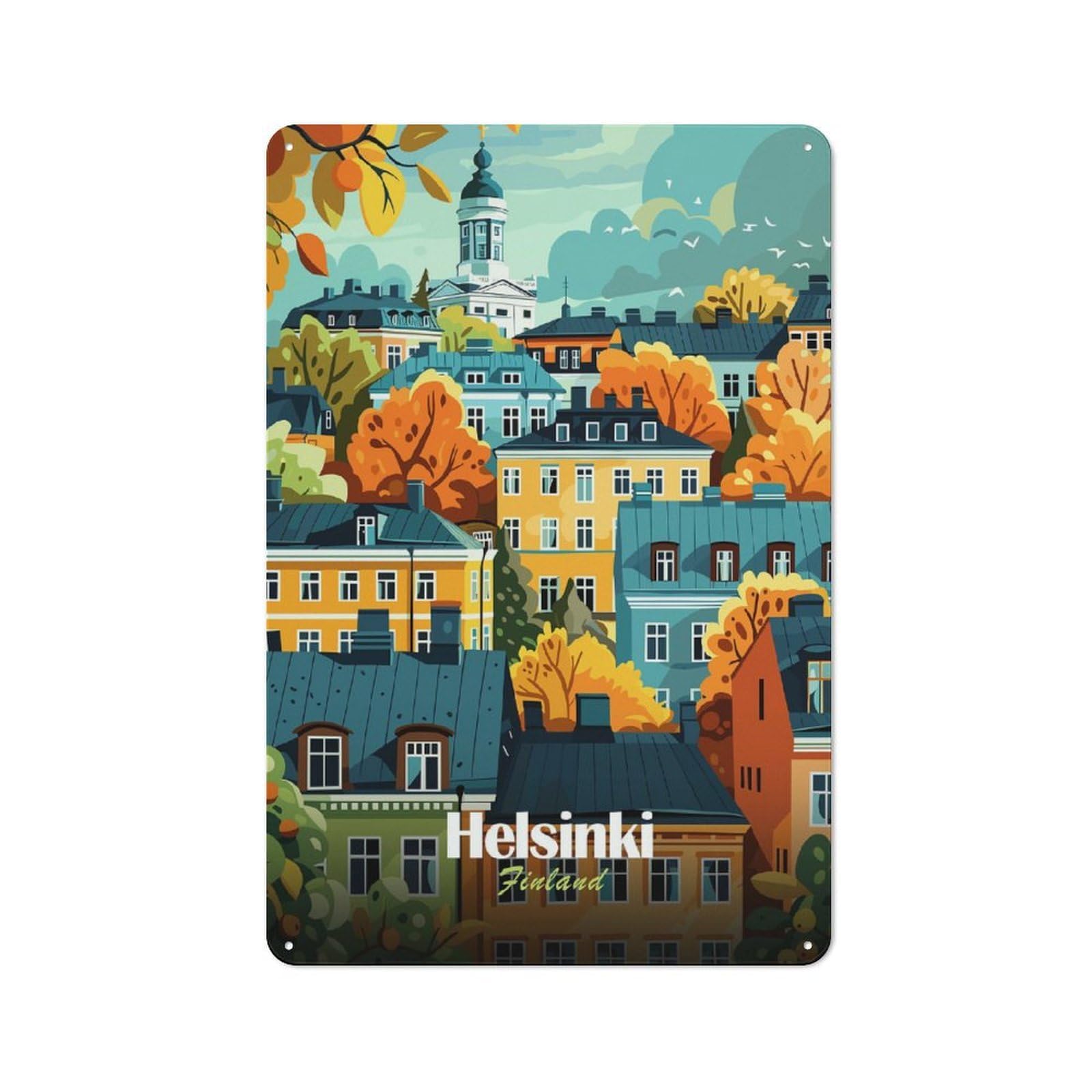 Junmoney Style-2 Workshop Style Helsinki Finland Cityscape Decorative Metal Plaque 30X20cm, Shed Wall Plaque For Tool Room, Garage, Studio Or Home Bar