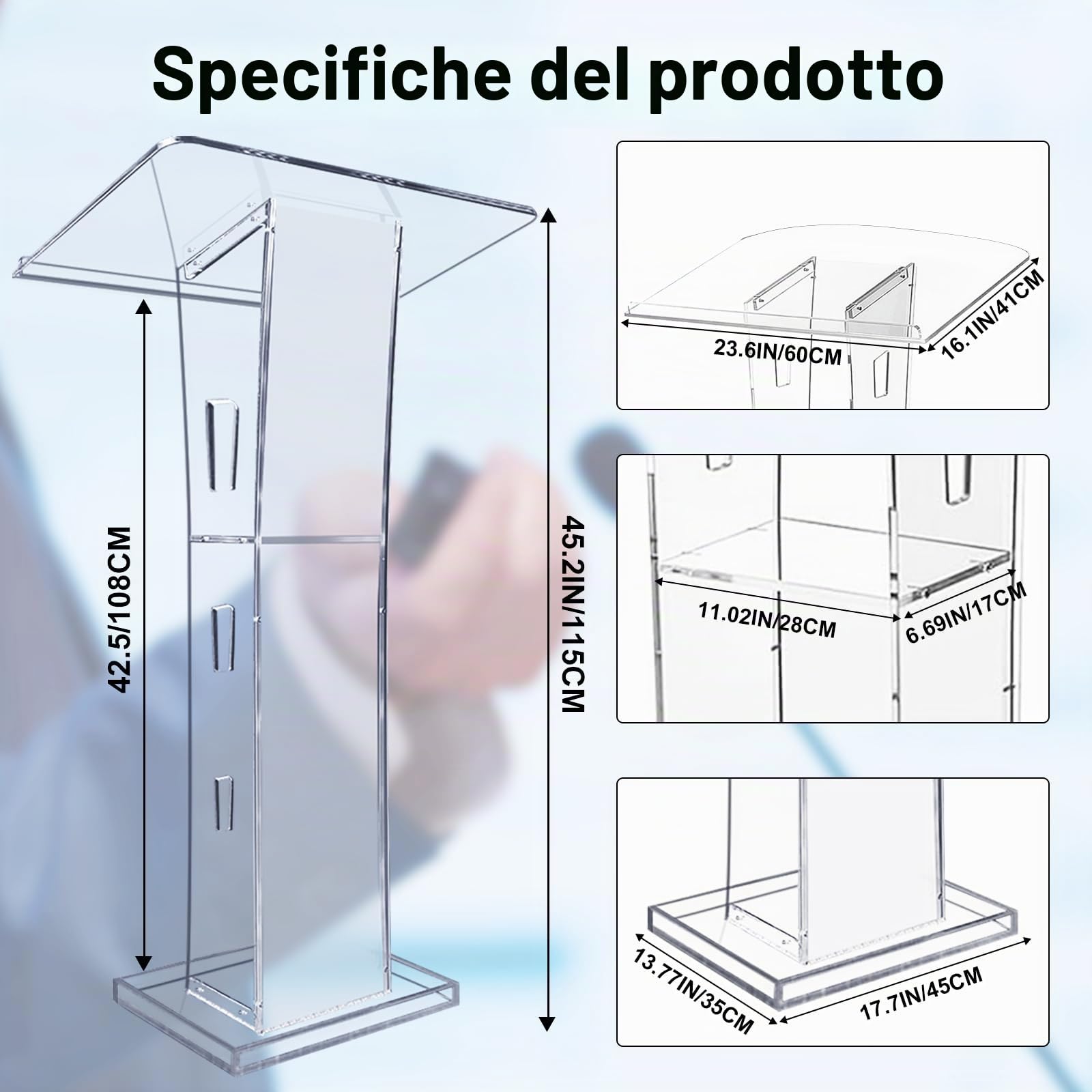 Afitdon Podio Acrilico, Trasparente in Acrilico con ripiano di Memoria, pulpito della Chiesa con Luce a LED a 15 Colori, stabilità per Chiesa, conferenza, Matrimonio, Aula (23,6 "x 16 "x 45,2")