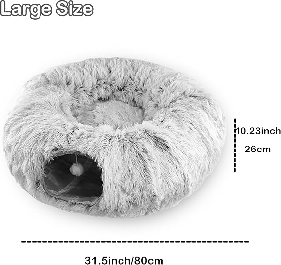 Plush Cat Tunnel Bed Collapsible FluffyTunnels for Indoor Cats Stuff Accessories for Puppy, Kitty, Kitten, Rabbit Small Pets Bed Toy
