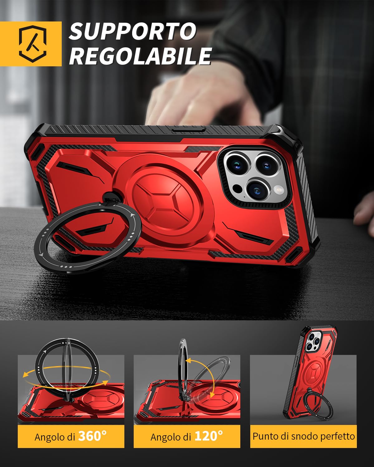 Lanhiem Cover iPhone 13 PRO Max con 2 Pezzi Vetro Temperato, Supporto Magnetico Anello a 360° Protezione 6FT Antiurto Anticaduta Militare Armor Protezione, Custodia iPhone 13 PRO Max, Rosso