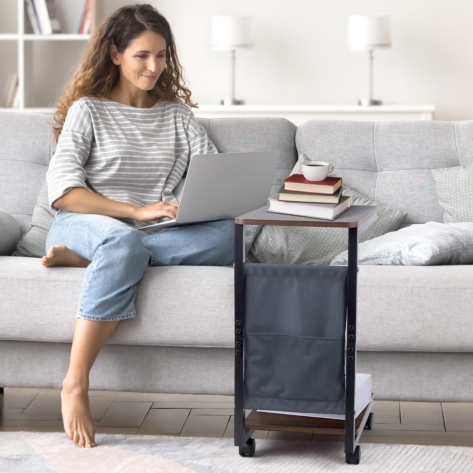 comfoyar Tavolino a Forma di C con Ruote, Tavolino da Divano in Legno per Sedia Reclinabile, Tavolini da Caffè a Mobile con Borsa Portaoggetti per Piccoli Spazi, Soggiorno, Camera da Letto, Ufficio