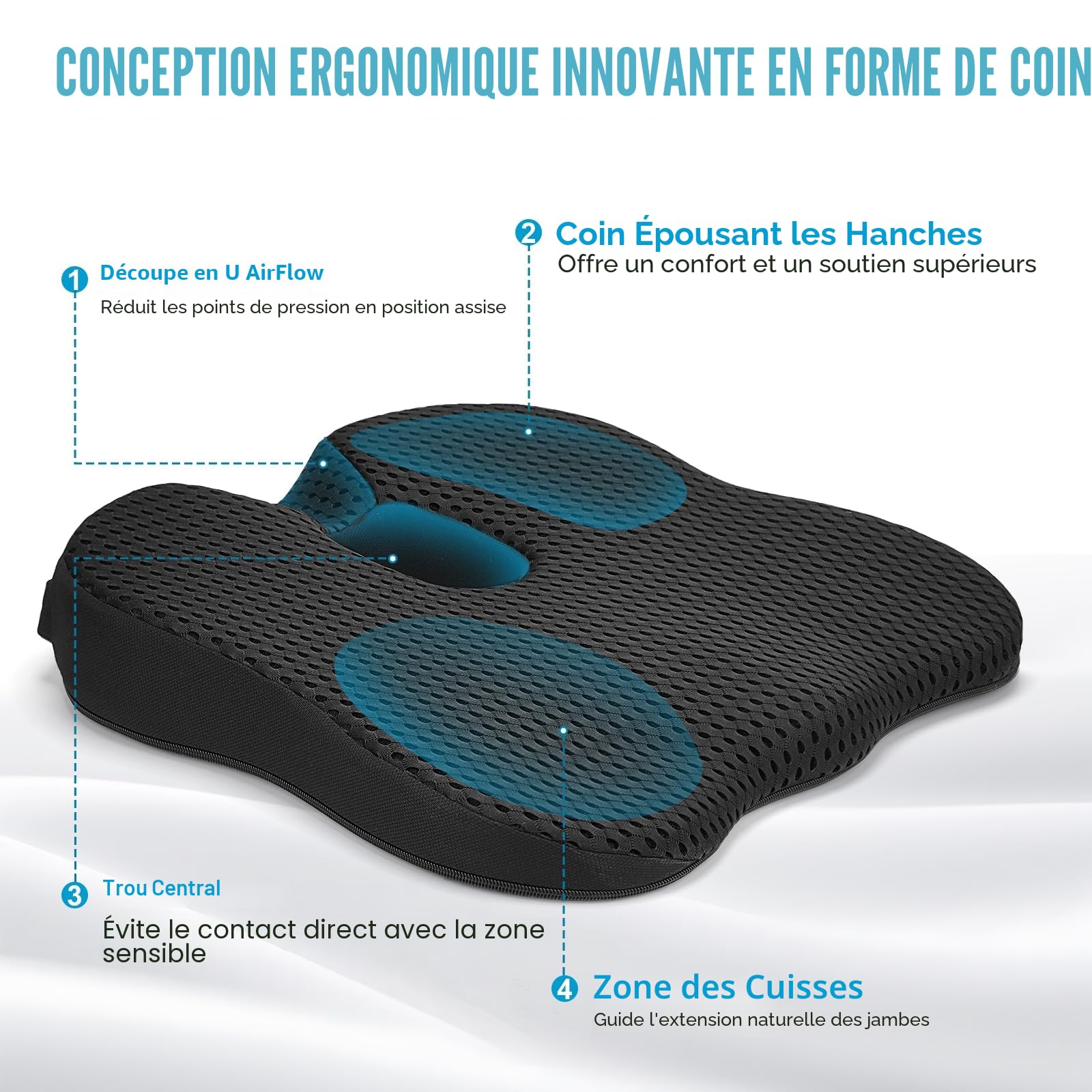 Coussin de Siège Auto – Rehausseur Ergonomique en Mousse à Mémoire de Forme avec Fond Antidérapant et Sangle Réglable – Coussin de Siège pour Voiture, Camion, Bureau et Maison
