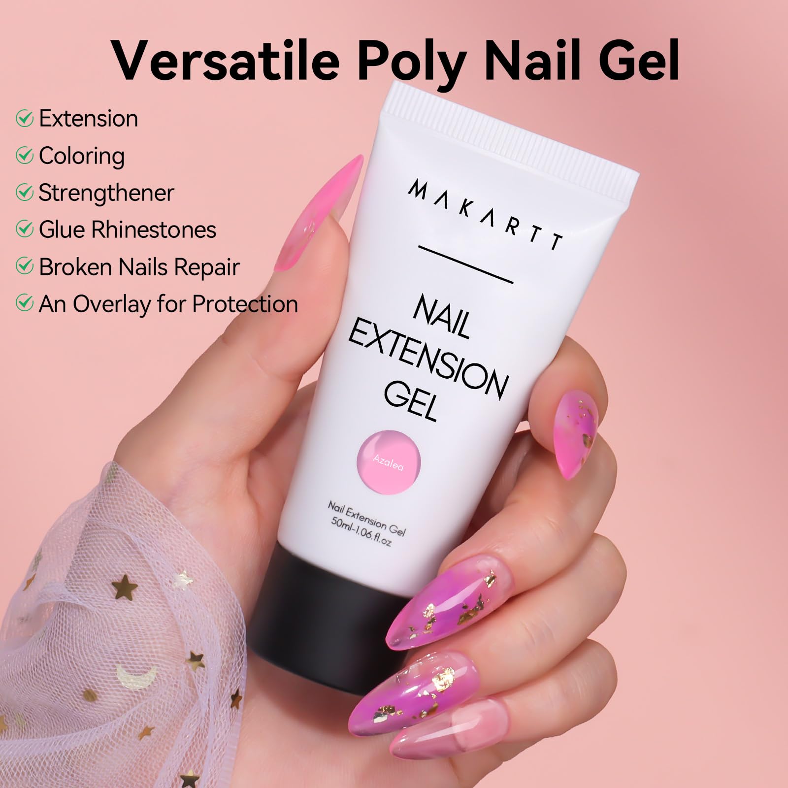 Makartt Poly Nail Gel Kit, 2PCs 50ML Transparent Pink & Hot Pink Colors, Large Capacity Poly Extension Nail Gel Kit, Strong Builder for Extension, 3D Diy Hard Gels Manicures Home Salon: 2 Colors Crystal Clear and Nature Pink