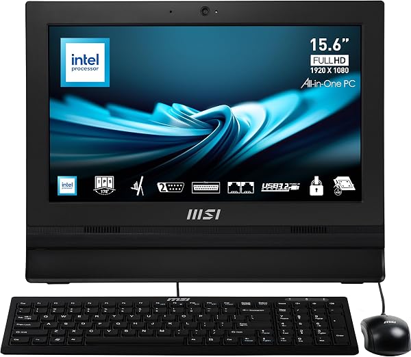 MSI PRO AP162T ADL-019DE AIO Desktop-PC, 15,6“ FHD IPS, Intel N100 CPU, 4 GB DDR4 RAM, 128GB PCIe NVMe SSD, WiFi 6E, Webcam & Lautsprecher - Tastatur, Maus, Windows 11 Pro - Schwarz - 1
