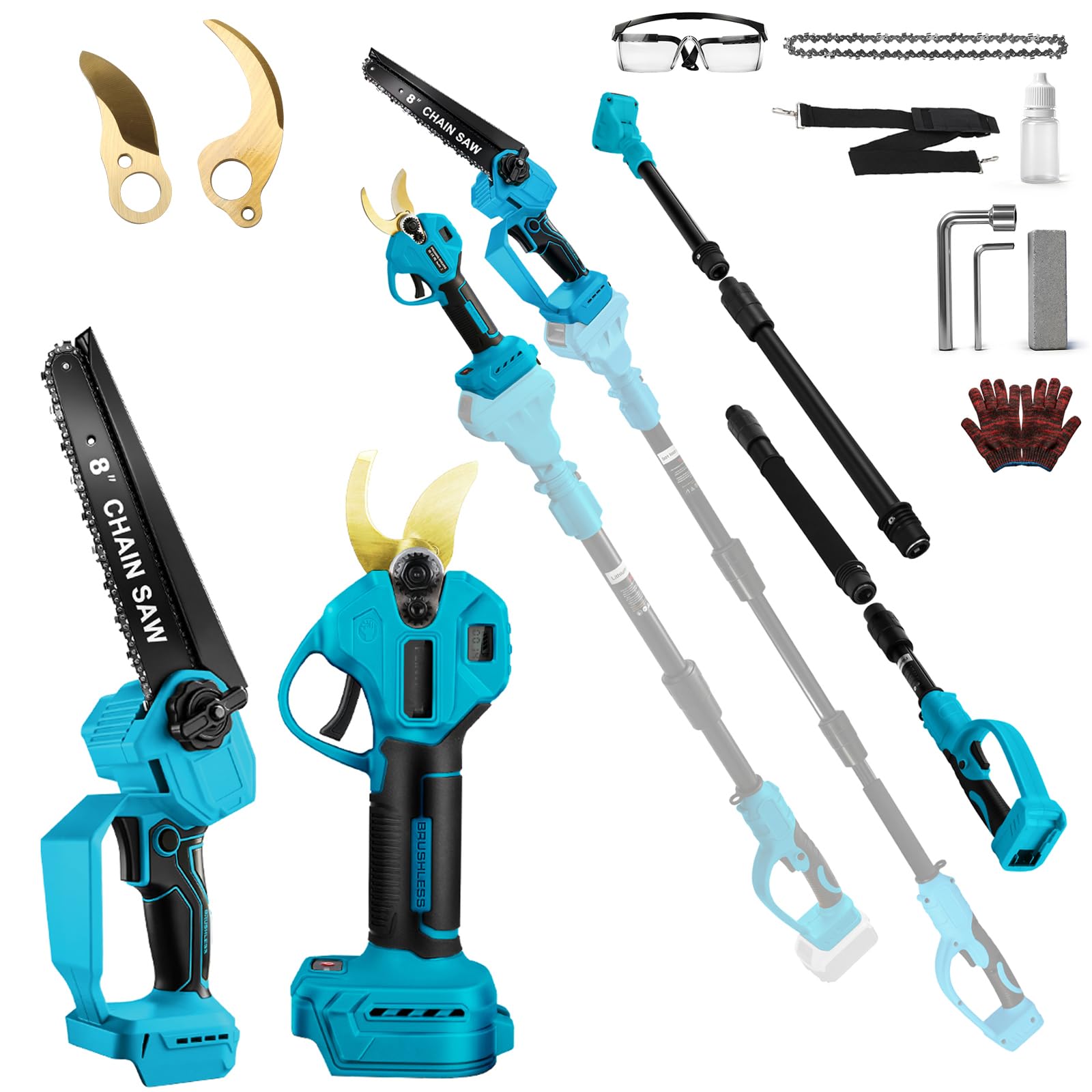 4IN1 Akku Astschere Kettensäge, 45mm Elektro Gartenschere & 8 Zoll Kettensäge Mit 2m Teleskopstiel, kompatibel mit Makita 18V Akkus (ohne Akku), bürstenloser Motor, Arbeitshöhe bis 4,5ft-8ft