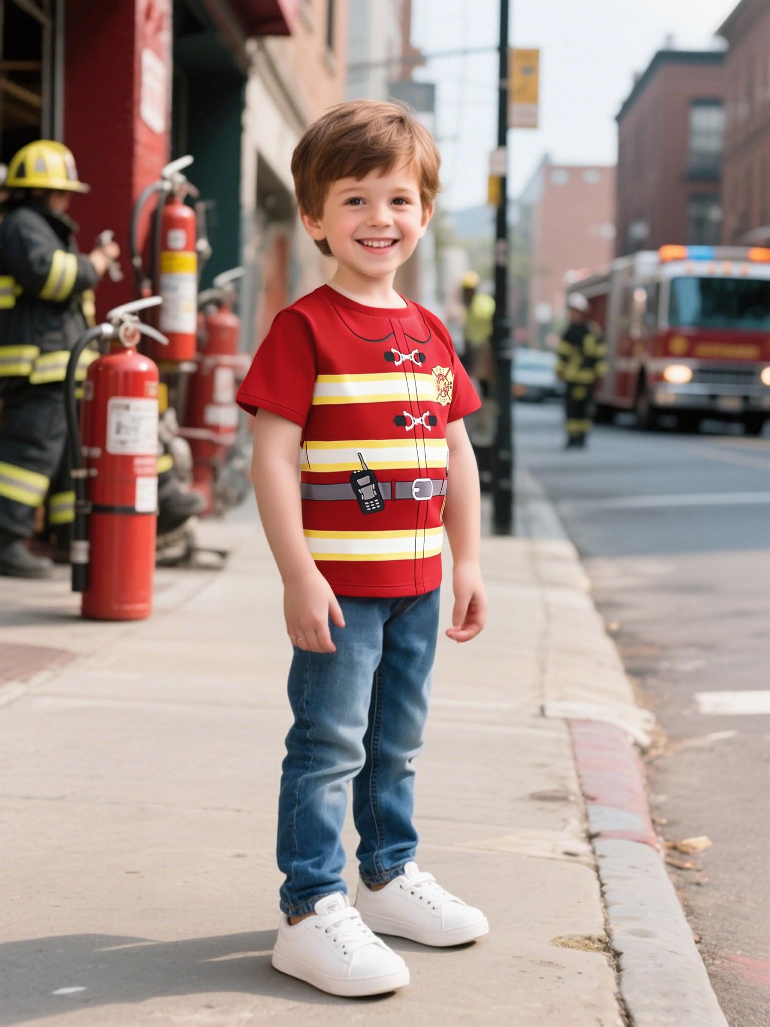COSLAND Toddler Boys Firefighter Shirt Kids Halloween Costume, Red, 5T