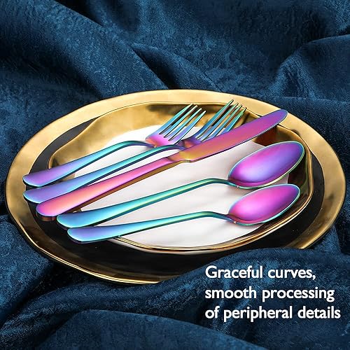 Miniatura 6 de Rainbow - Juego de cubiertos coloridos de acero inoxidable, juego de vajilla de colores para 8, juego de cubiertos de 40 piezas para 8, juego de