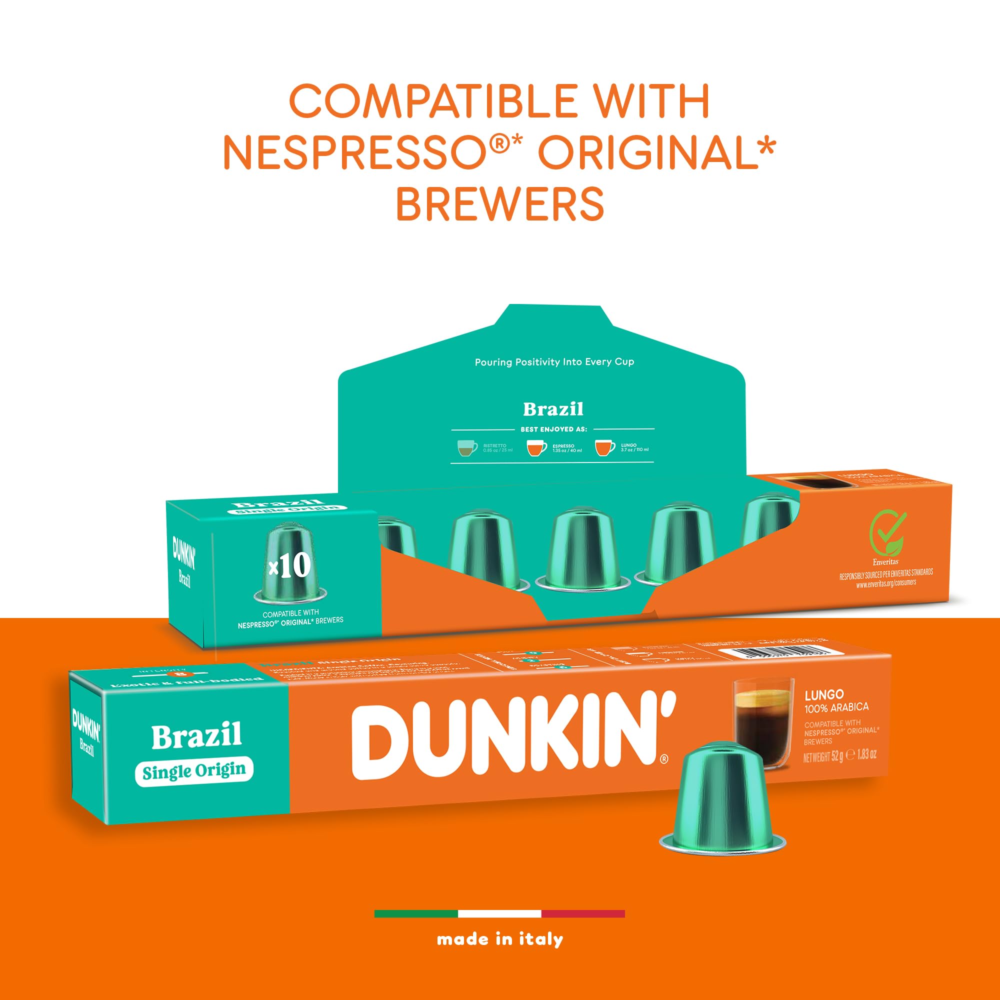 Dunkin’ Donuts Brazil Single Origin – 120 kapsułek | Kompatybilne z Nespresso | 100% Arabica | Łagodne palenie o brazylijskim charakterze | Aromatyczna, pełna i wyjątkowa kawa