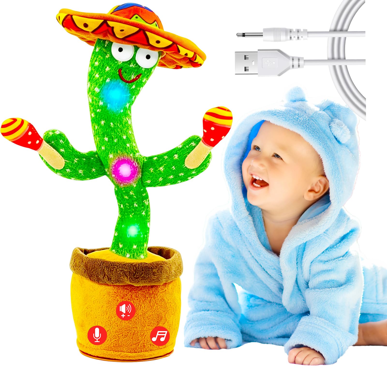 Vitosup Tanzender Sprechender Kaktus Baby Spielzeug, Lautstärke einstellbar, Nachahmend Singend Wiederholend, Interaktives Plüsch-Babyspielzeug/Geschenk für Jungen Mädchen
