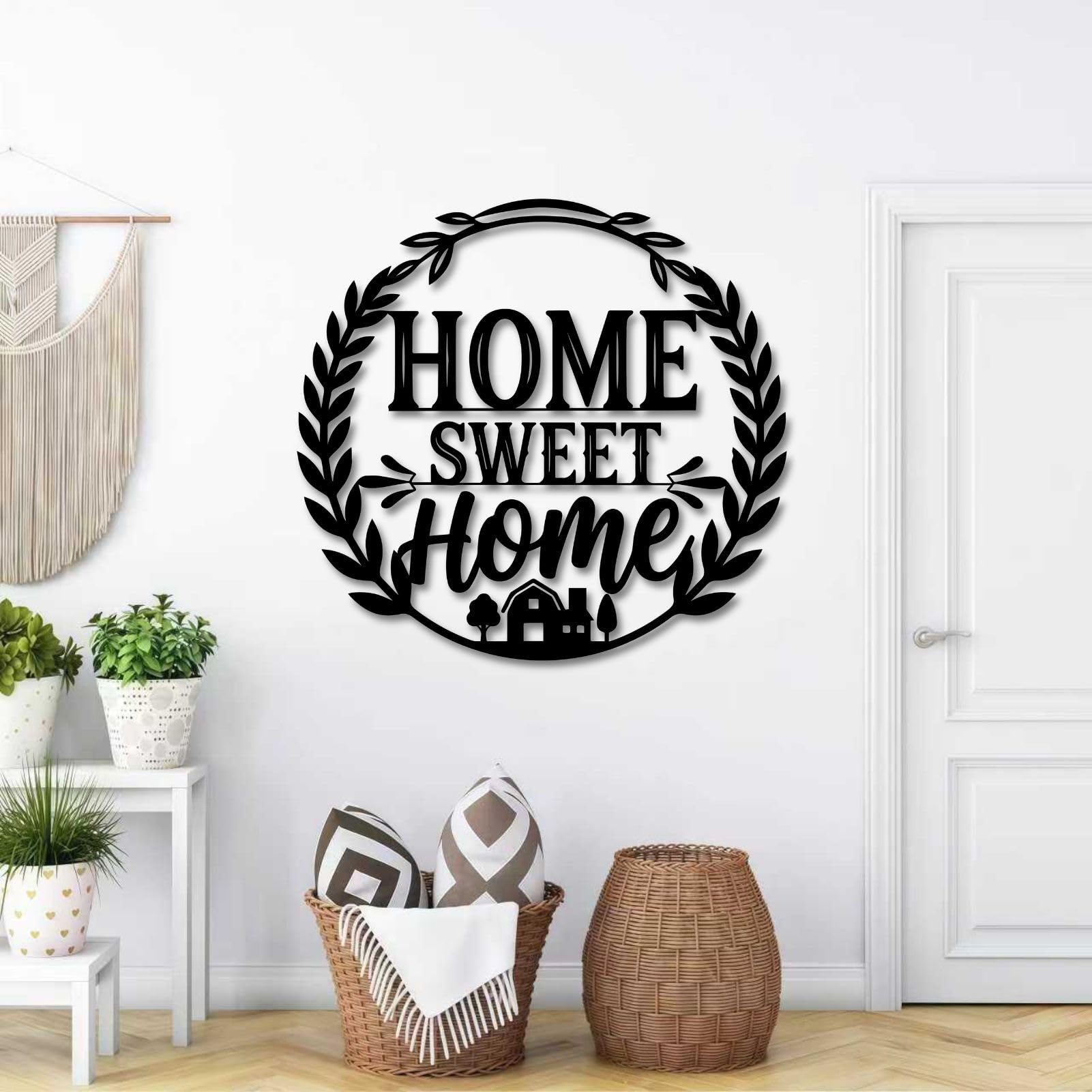Schwarzes Metall-Wandbild „Sweet Home“ im Landhausstil, Wanddekoration für Eingangsbereich, Wohnzimmer, Schlafzimmer, Flur und Treppenhaus, Natur-Wohndeko (Schwarz, 48 cm breit)