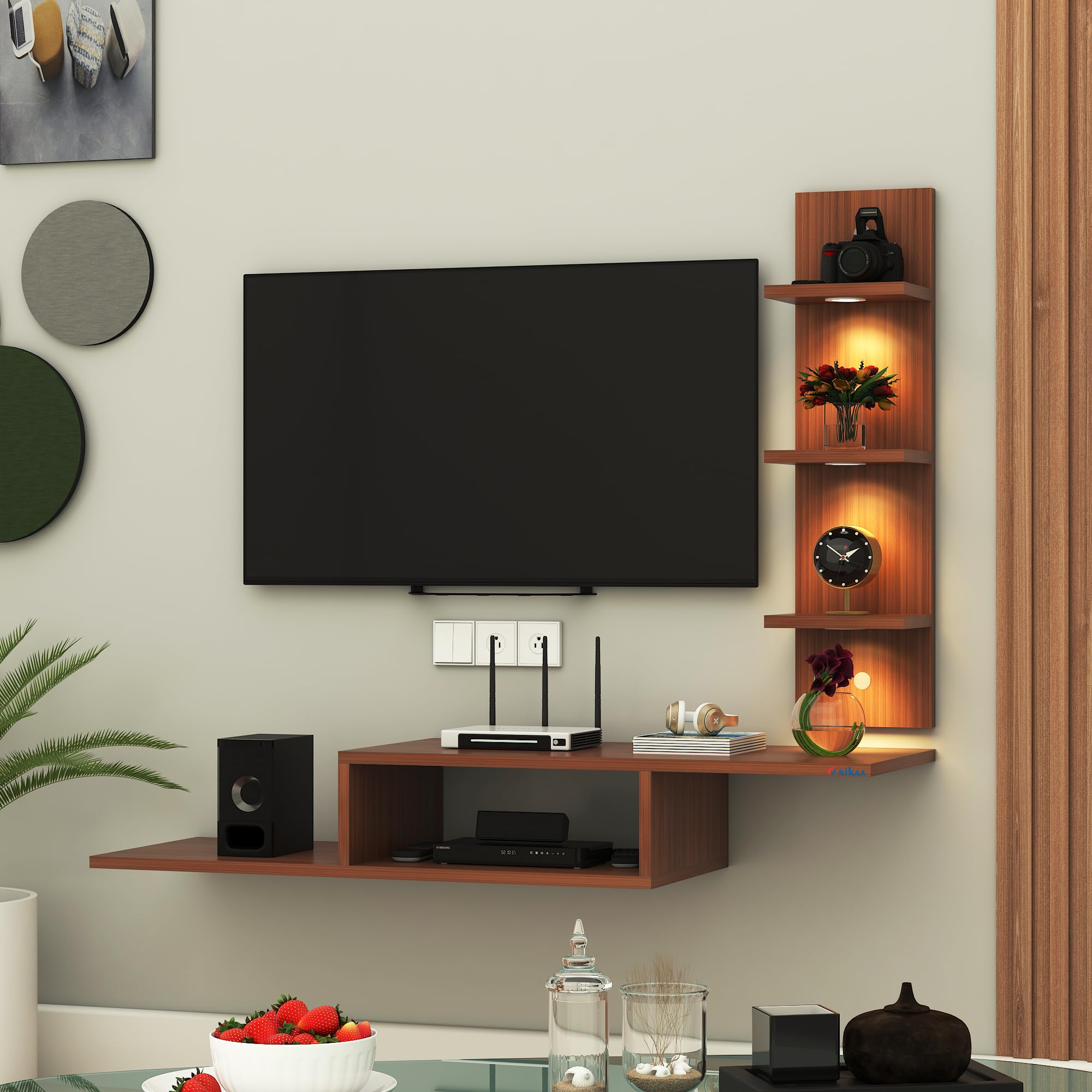 Anikaa LED Light TV Unit Wall Mounted TV Unit Wall TV Cabinet for Living Room, Set Top Box Stand - Walnut (D.I.Y - Do-It-Yourself) Ideal for up to 43" inches-image-42