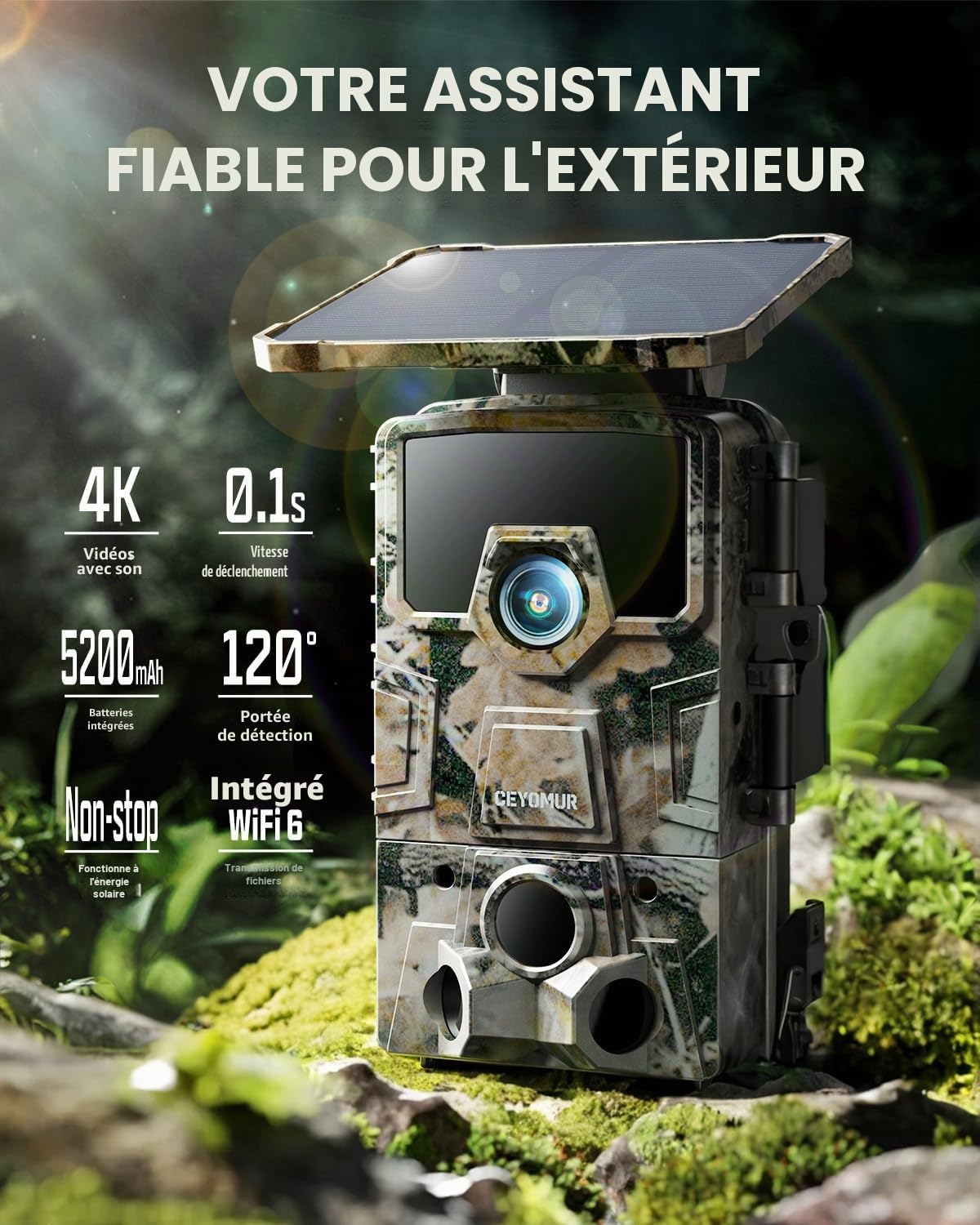 CEYOMUR Camera de Chasse Solaire 4K 30fps, WiFi Bluetooth 64MP Caméra de Chasse, Angle de détection 120° Vision Nocturne IP66 étanche pour Surveillance des Animaux Sauvages avec Carte SD 32GB