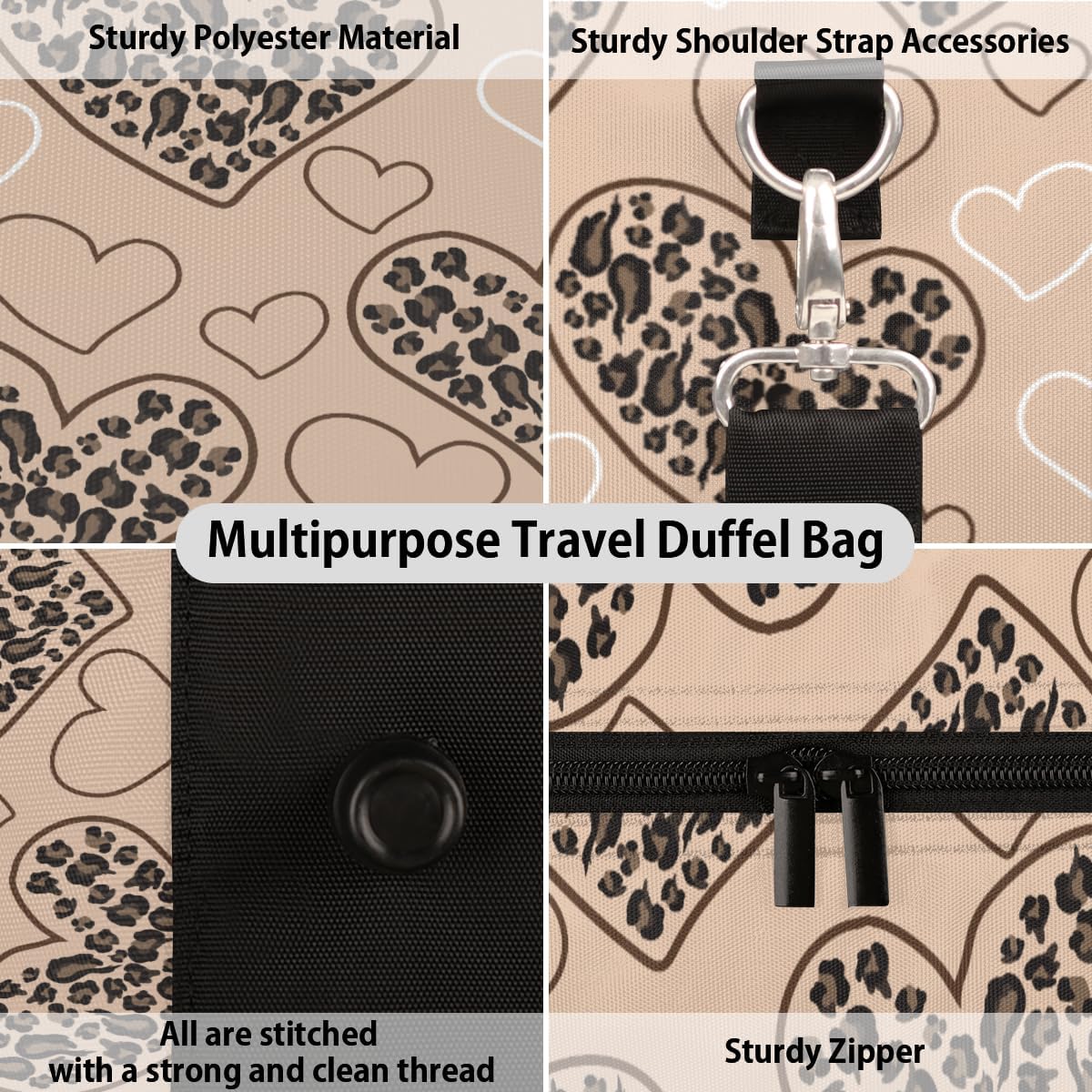 Hand Painted Leopard Heart Travel Duffel Bag for Women Men Large Capacity Overnight Weekender Bags for Lightweight Waterproof Sport Gym Bag for Workout Yoga Swim