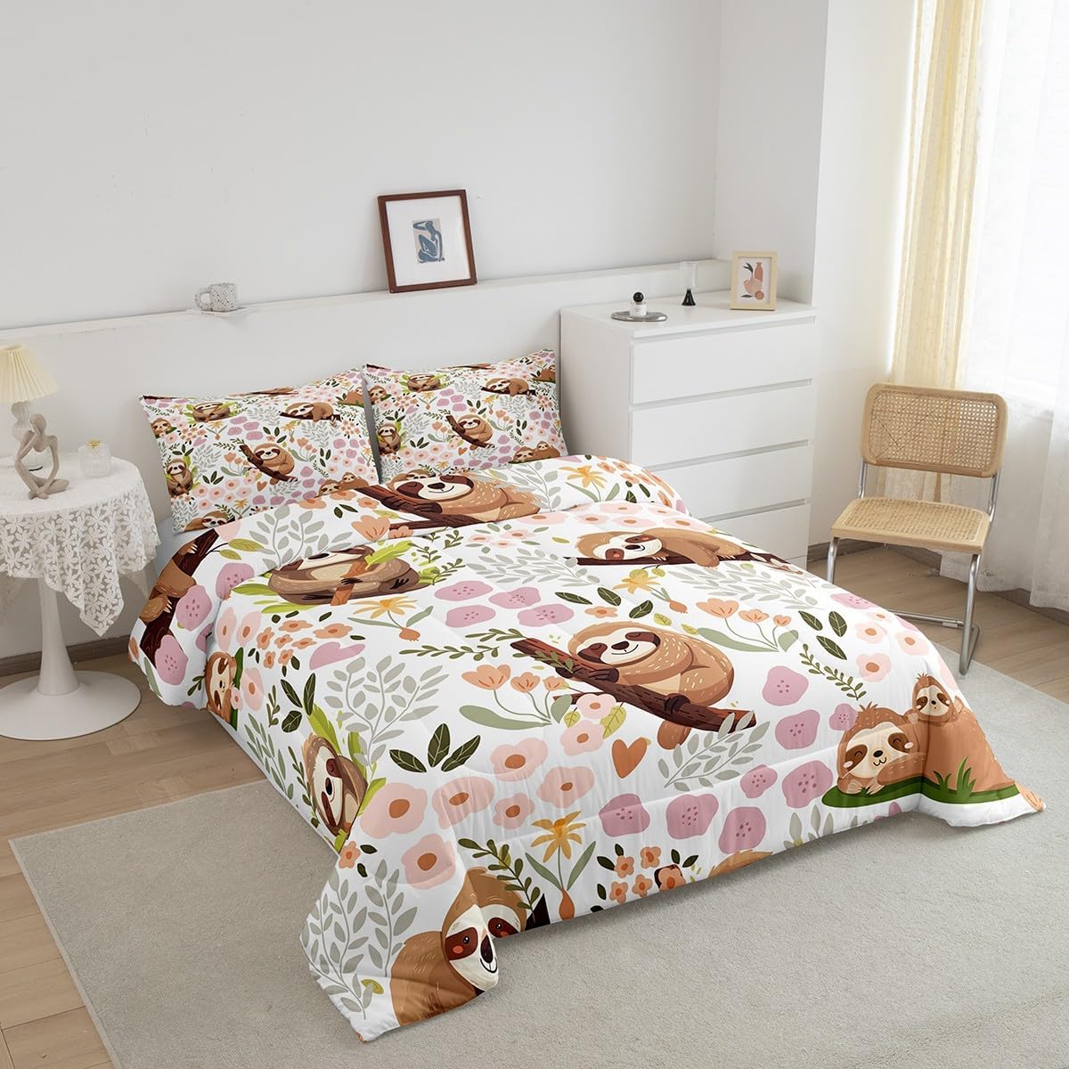 Feelyou Boys Girls Cute Sloth Bedding Set Full Size, Kawaii Animal Comforter Set Kids Cartoon Comforter Colorful Flowers Plants Teens Duvet Set Bedroom Decor 3Pcs