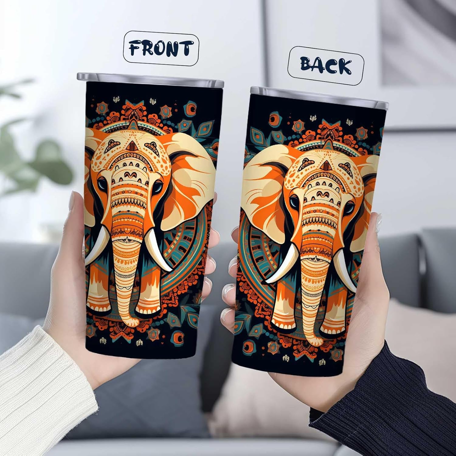 Mandala Elephant Tumbler 20oz, Stainless Steel Travel Mug with Straw & Lid, Boho Animal Print, Insulated Cup for Coffee, Tea and Iced Drinks, Christmas and Birthday Gifts for Men and Women - Image 3