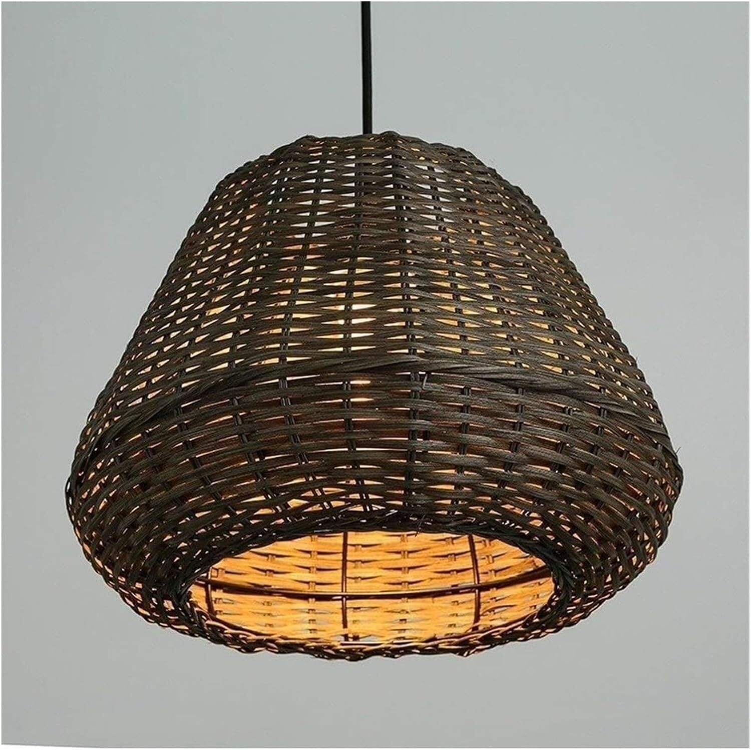 LYMSXAZOU Southeast Asia Retro Boho Hanging Lampb 34CM Hand-Woven Chandelier, V-intage Black Rattan Wicker Ceiling Pendant Light