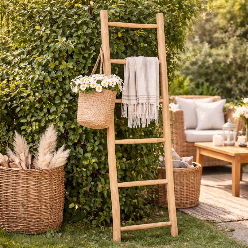 Teak Deko-Leiter KEPALA H180cm Natural Handtuchhalter Kleiderständer Holzleiter
