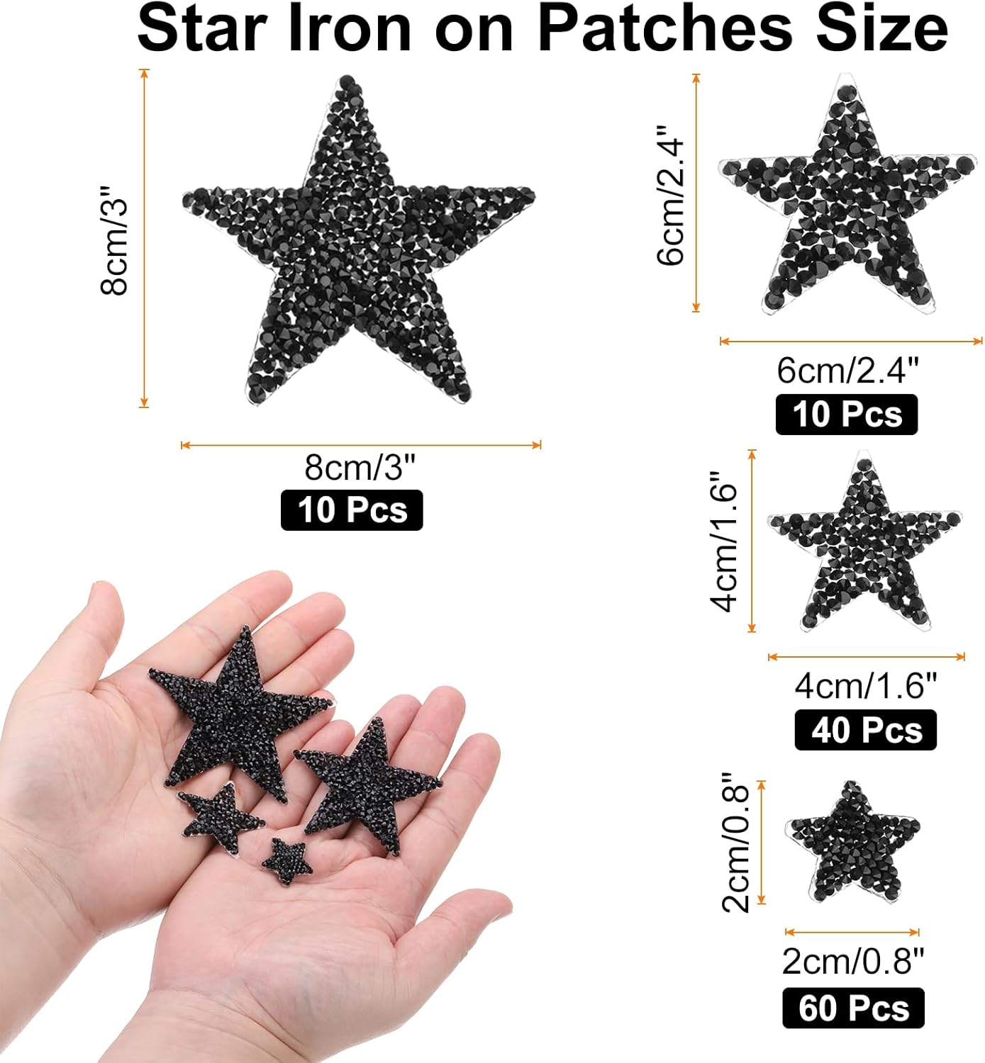 MECCANIXITY 120 Pcs Star Iron on Patches, Rhinestone Glitter Patch Appliques for Clothing Repair Hats Jeans Shoes Decoration, Black