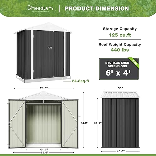 Miniatura 4 de Greesum Cobertizo de almacenamiento de metal para exteriores, 6 x 4 pies, cobertizo de herramientas de acero con puerta y cerradura, cobertizos de