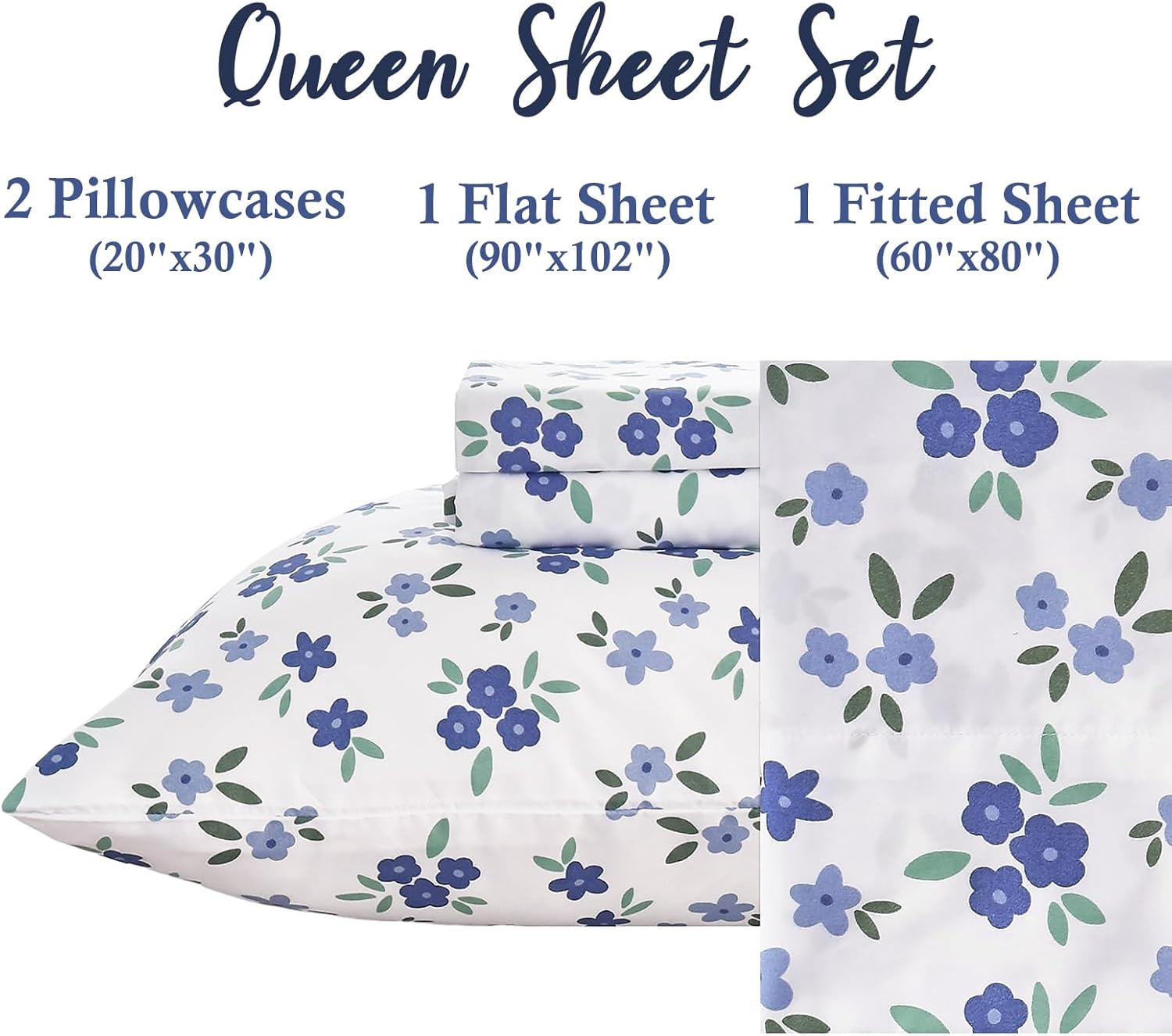 MICORAL Floral Queen Sheet Set, 4-Piece Printed Bed Sheets, 16" Deep Pocket, Ultra Soft & Cooling Sheet, Oeko-TEX Certified, Blue Blossom