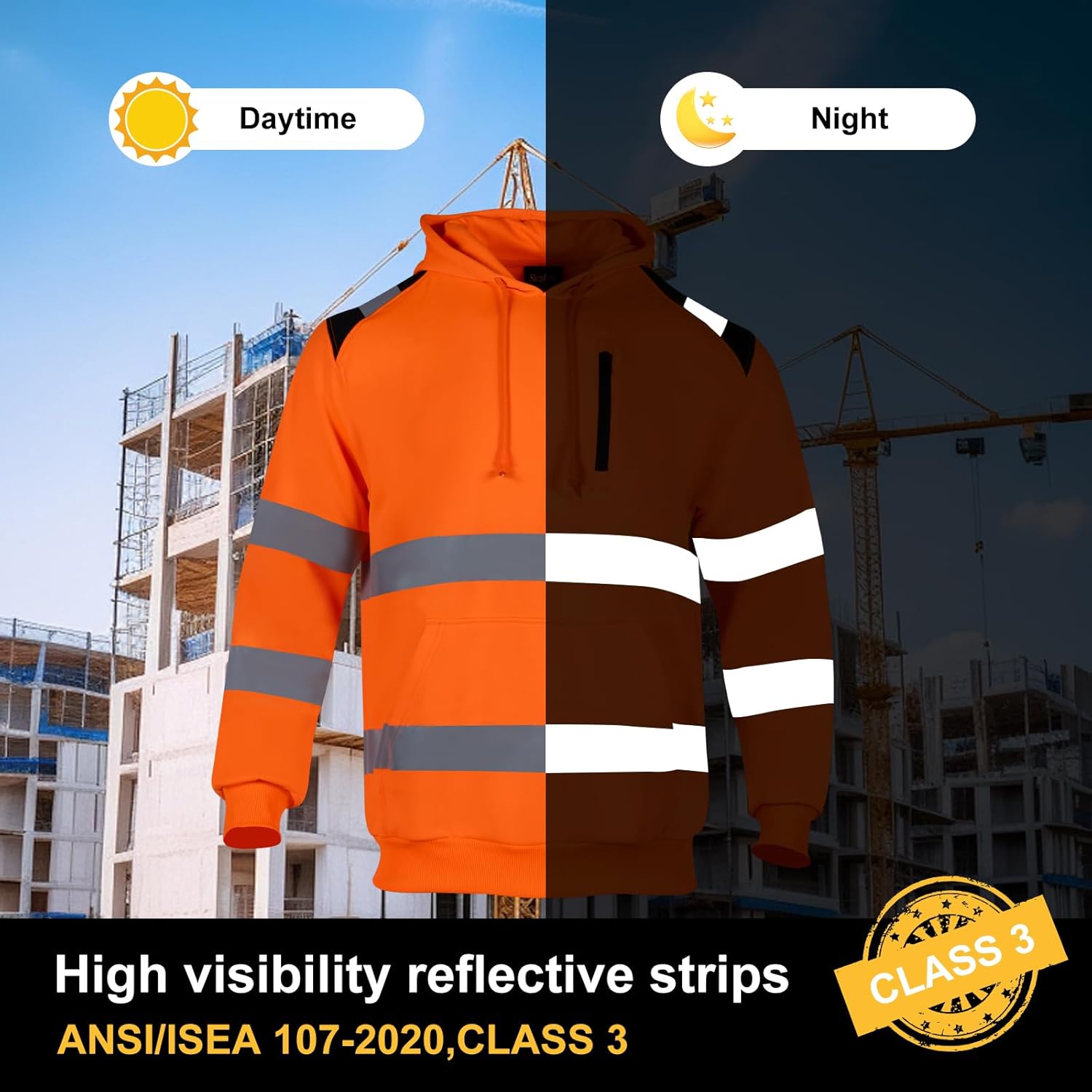 High Visibility Reflective Long Sleeve Safety Hoodie for Men,Hi Vis ANSI Class Construction Work Sweatshirt