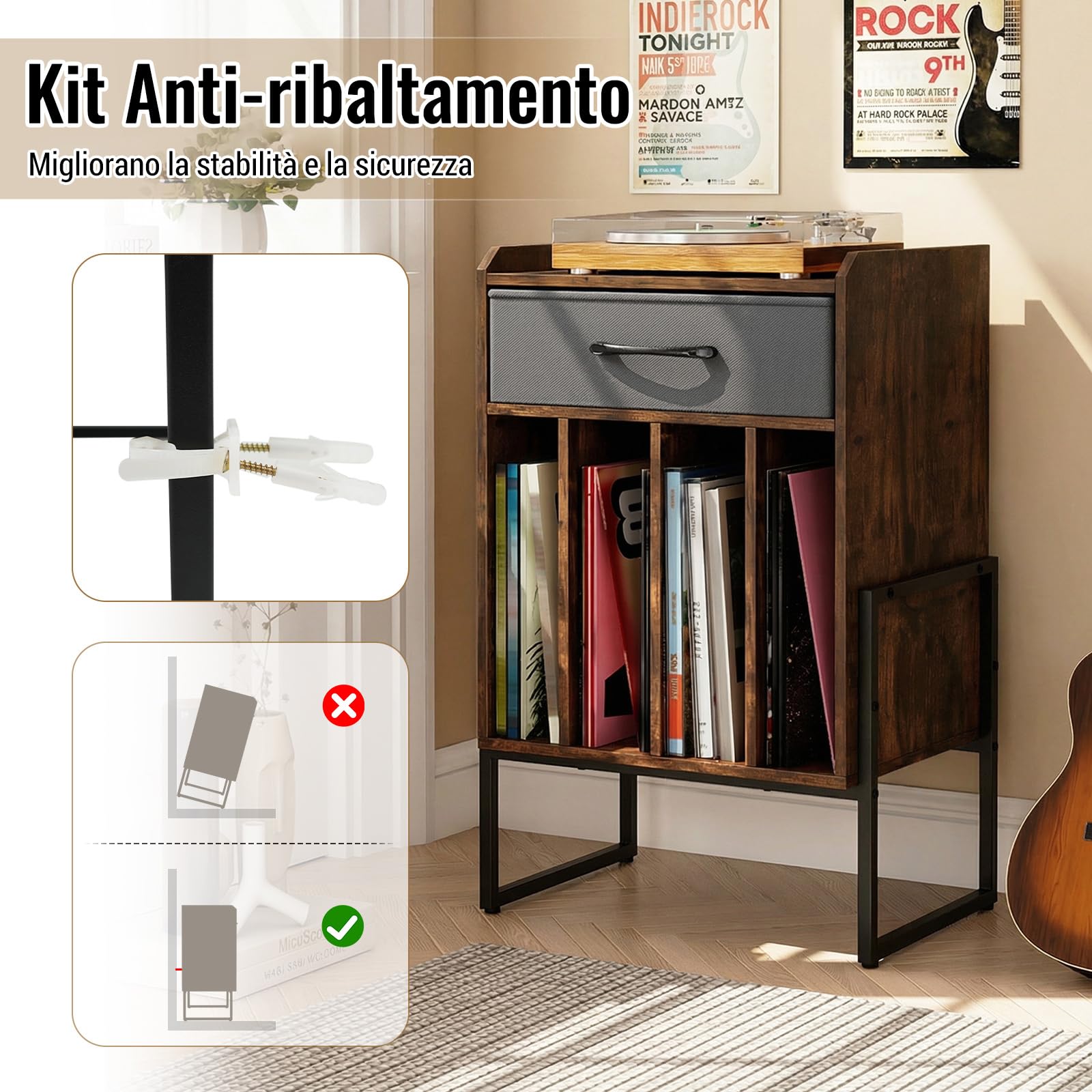 COSTWAY Supporto per Giradischi, Mobile Giradischi in Legno con Cassetto in Tessuto e 4 Scomparti, per fino a 160 Dischi in Vinile, Scaffale per Dischi in Stile Retrò per Soggiorno e Camera da Letto
