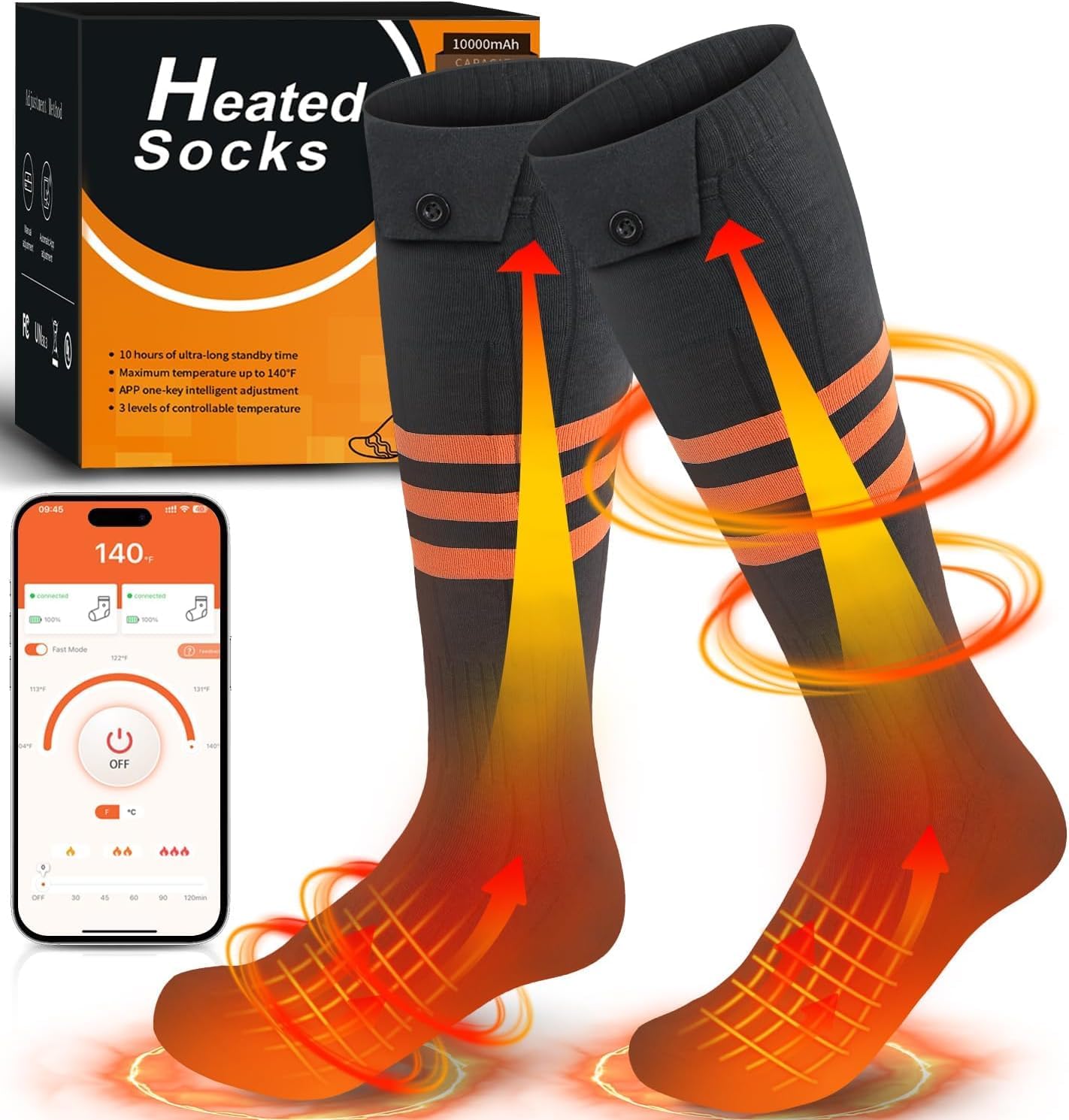 WELUK Heated Socks for Men Women with APP Control, Upgraded Rechargeable Electric Heated Socks Up to 10 Hours, Washable Winter Foot Warmer Socks for Outdoor Camping Skiing Hunting Hiking Black Fit Women 5-9 / Men 6-10 (Shoe Size)