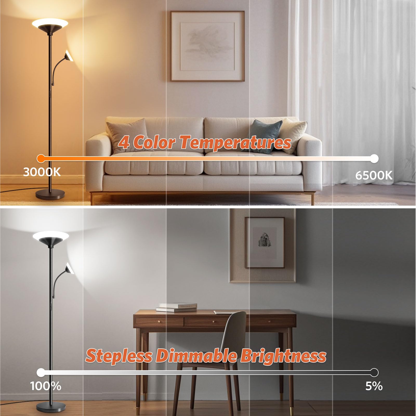 BBHome Lámpara de Pie Salón LED 27W Regulable con Lámpara de Lectura 6W, Lámpara de Pie Moderna con Mando a Distancia y Táctil para Salón, Dormitorio, Oficina