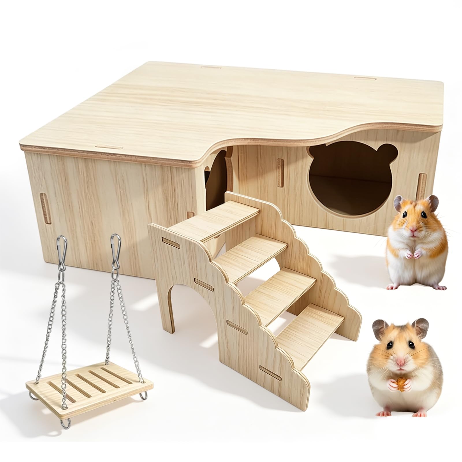 3Pcs Hamster Hide, Hamster Corner House with Ladder and Swing Cage Wooden Hamsters Houses Multi Chamber Platform Hides for Syrian Hamsters and Dwarf