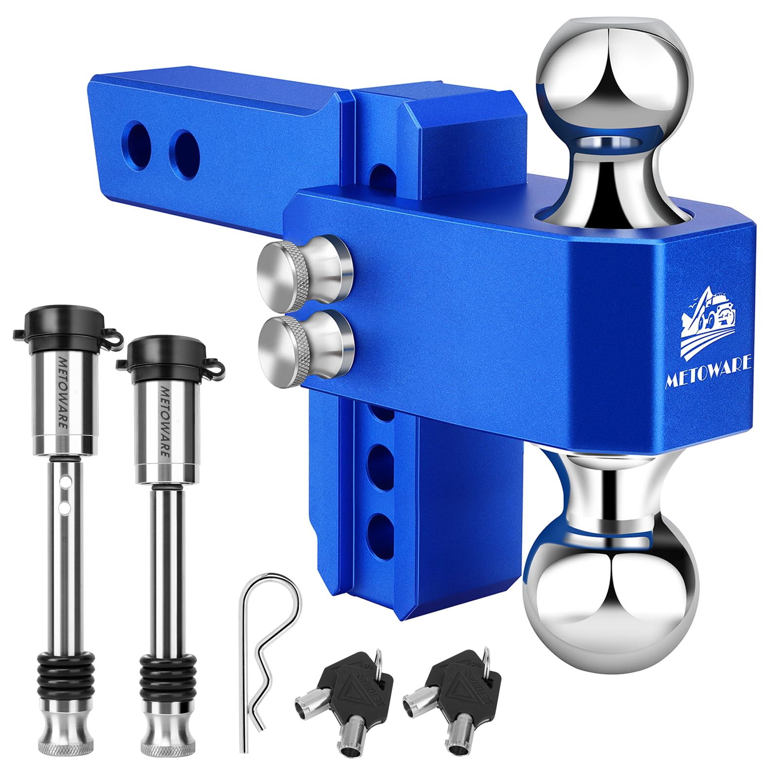 Photo 1 of METOWARE Adjustable Trailer Hitch - Aluminum Tow Hitch Fits 2-Inch Receiver - Heavy Duty Drop Hitch with 4-Inch Drop/Rise for Truck (14,000 LBS GTW), Double Stainless Steel Locks & Hitch Pin, Blue