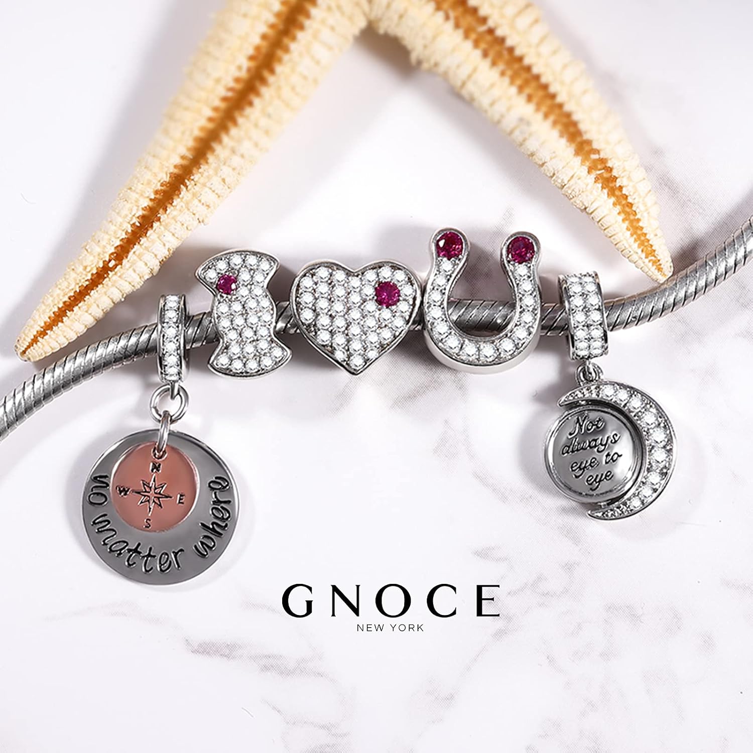 GNOCE Crescent Star Galactic Cosmic Moon Charm Pendant Sterling Silver Not Always Eye to Eye, But Always Heart to Heart Dangle Charm fit Bracelet/Necklace Christmas Jewellery Gift for Women